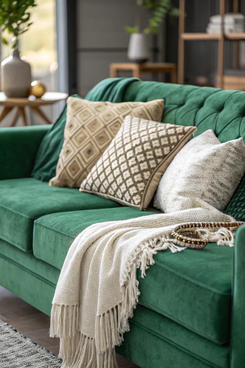 Textured cushions bring extra comfort and flair to a verdant couch.