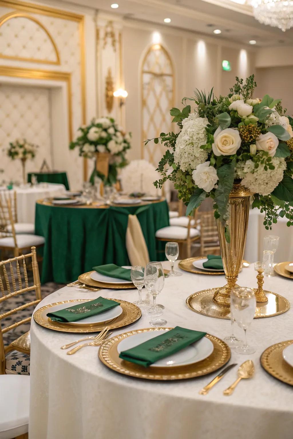 An elegant color story of emerald, gleaming, and beige.