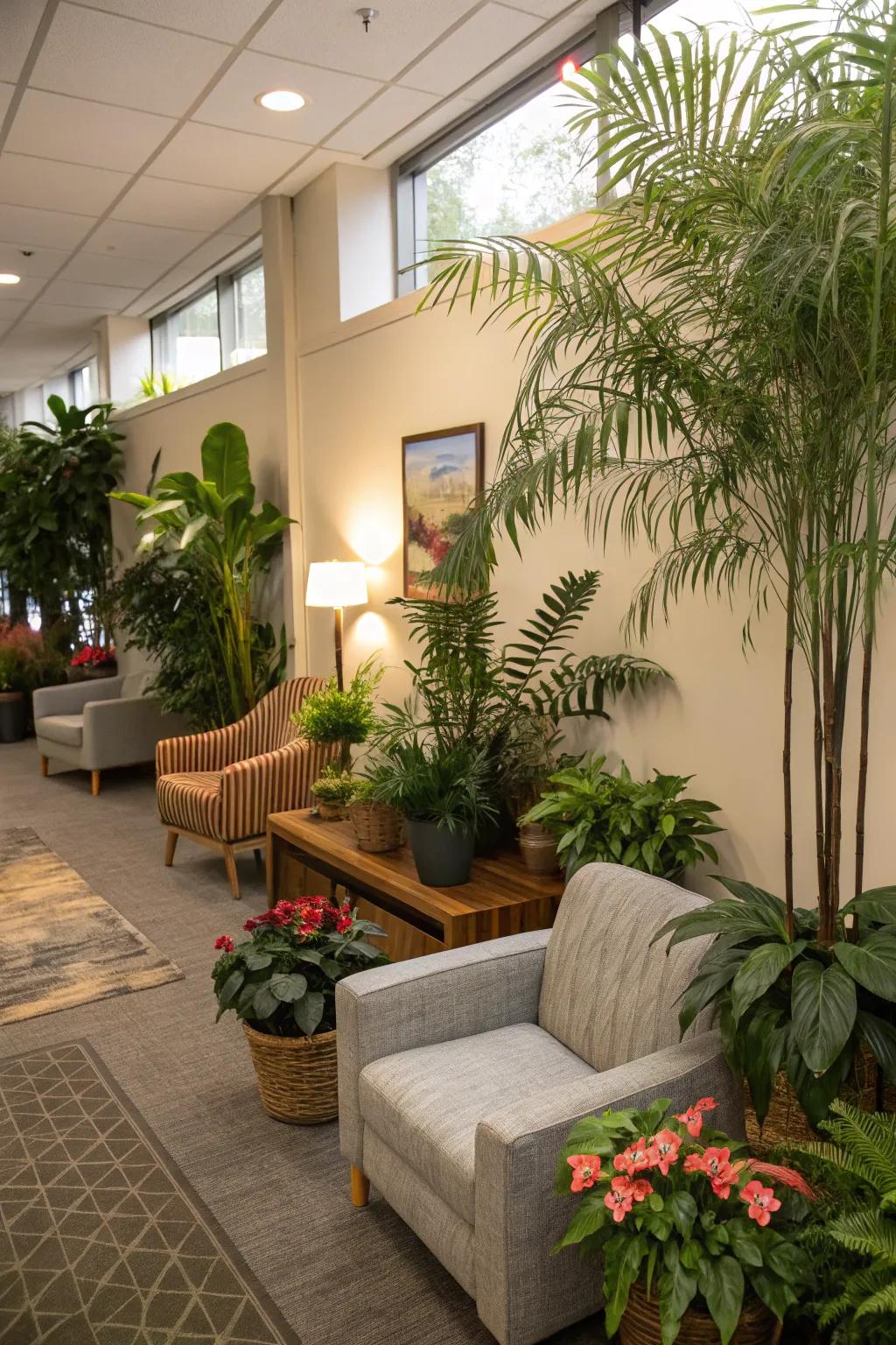 This peaceful break room is enhanced by lush greenery.