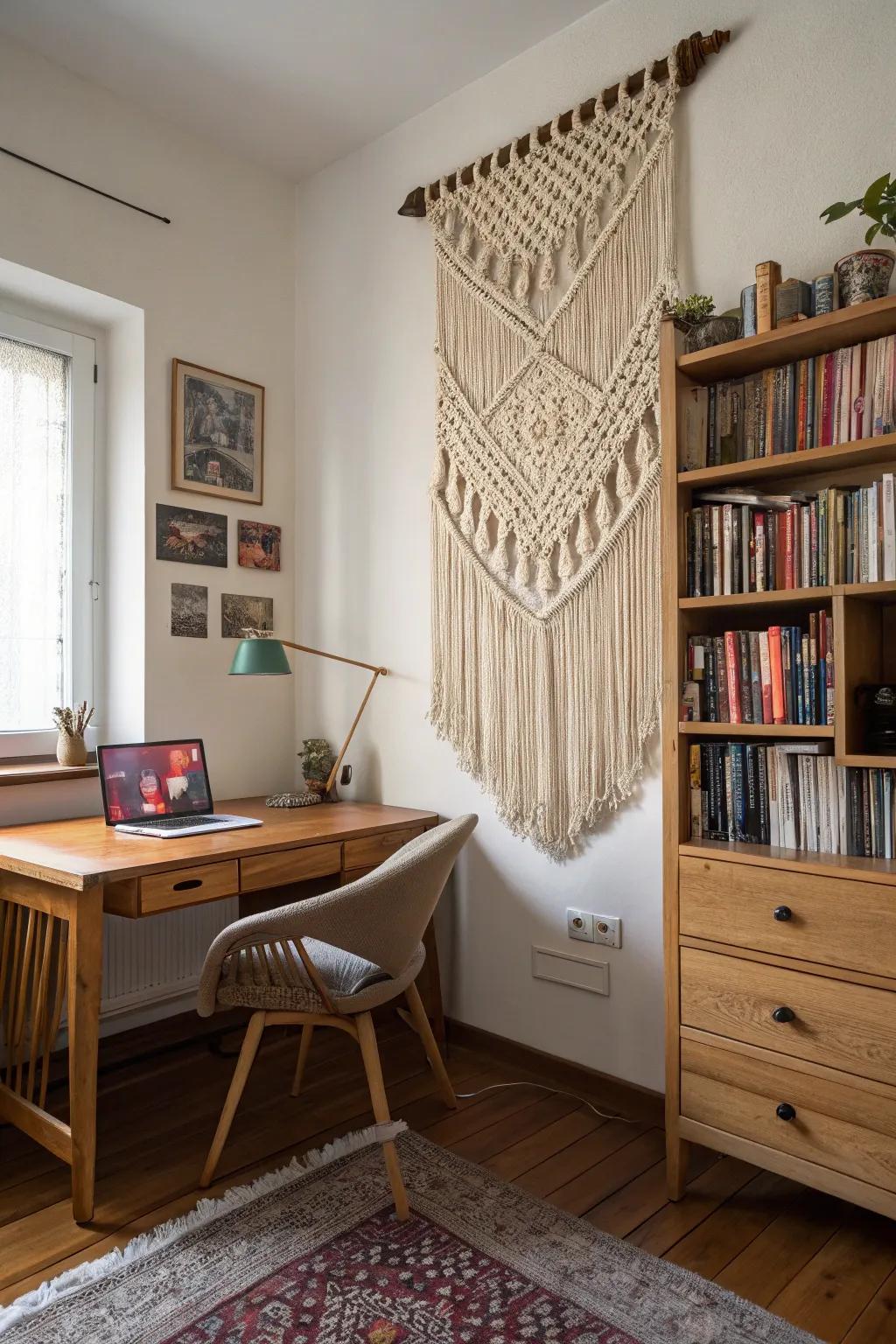 Macram&eacute; art giving warmth and dimension to a personal space.