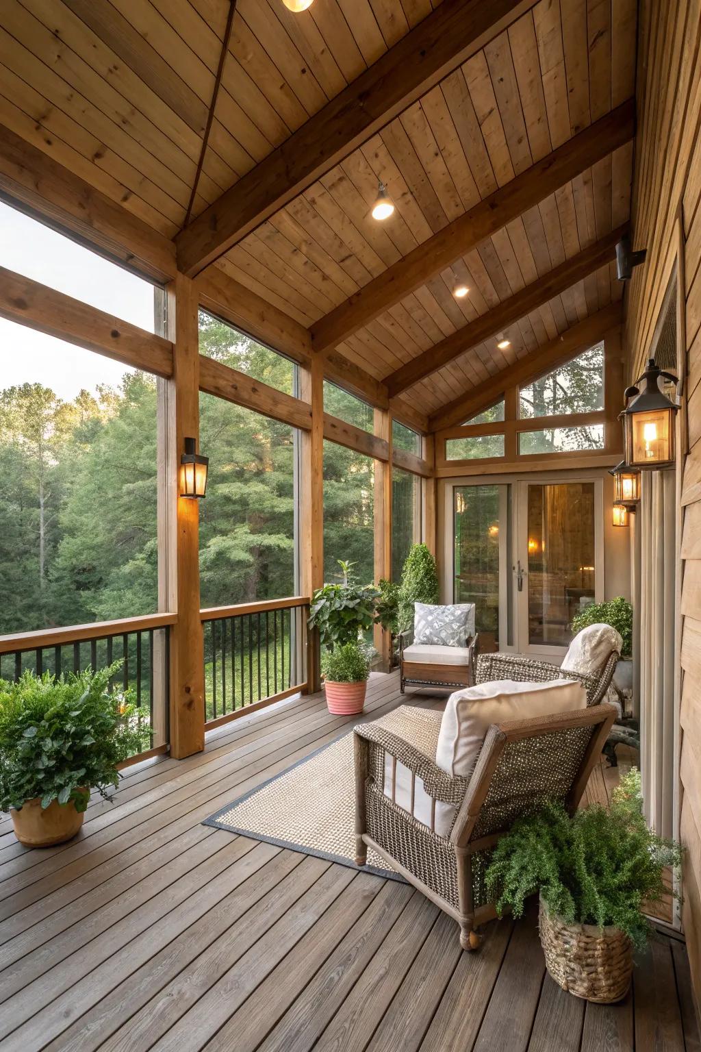 The charm of countryside style is enhanced by wooden accents within a sheltered patio.