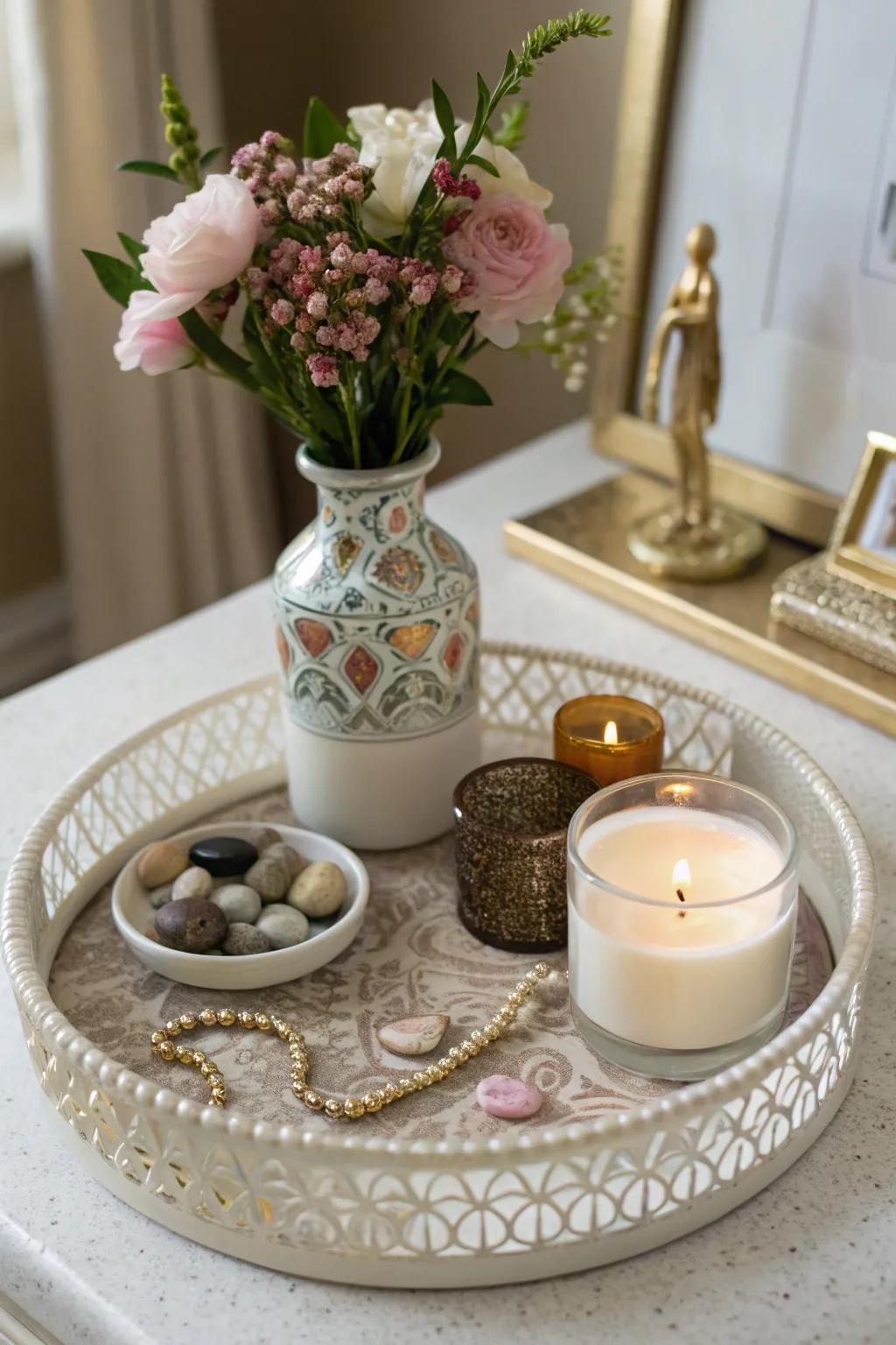 An ornament tray keeps side table decor organized.