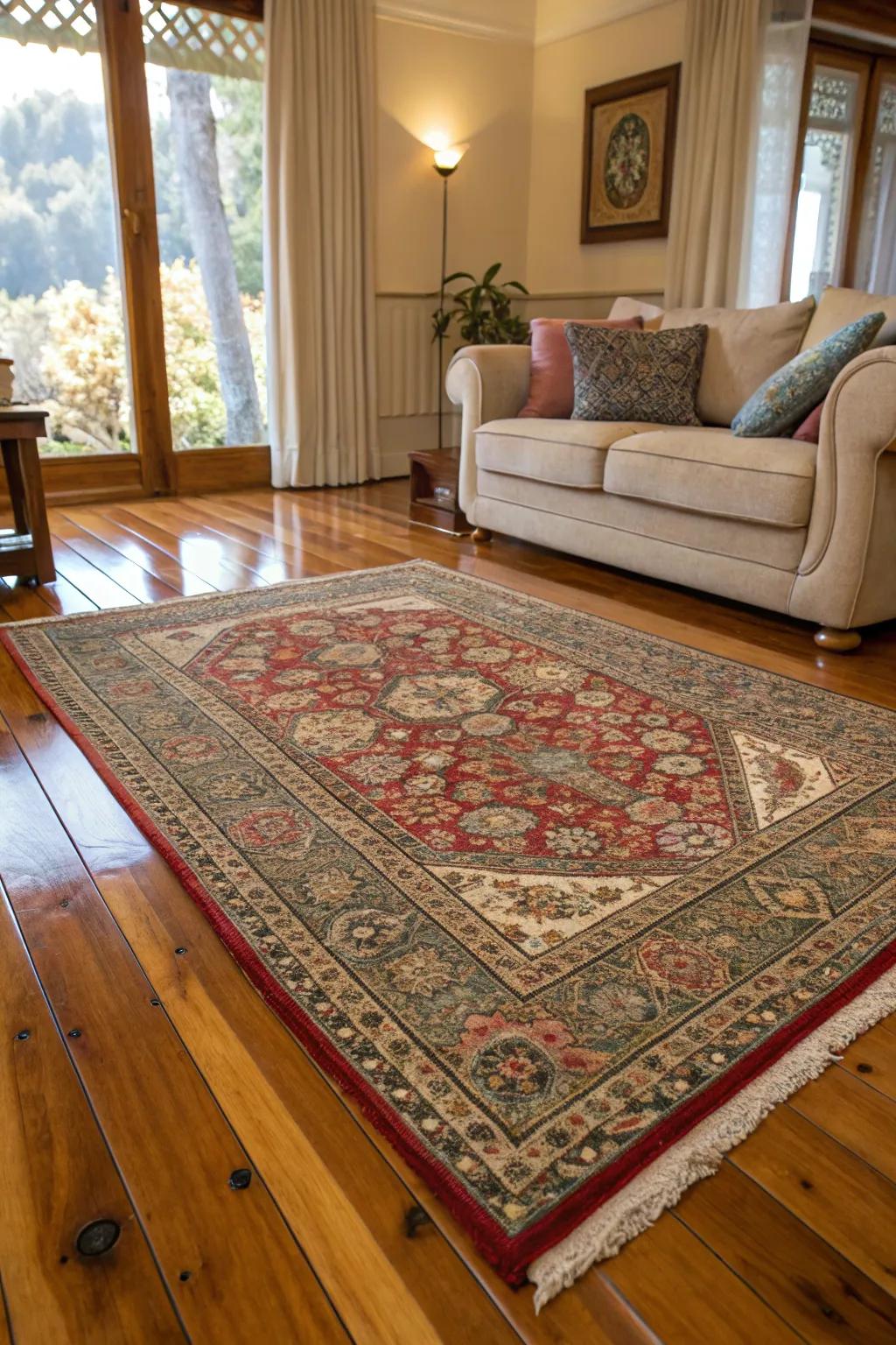 Patterned rugs introduce warmth and texture to the space.