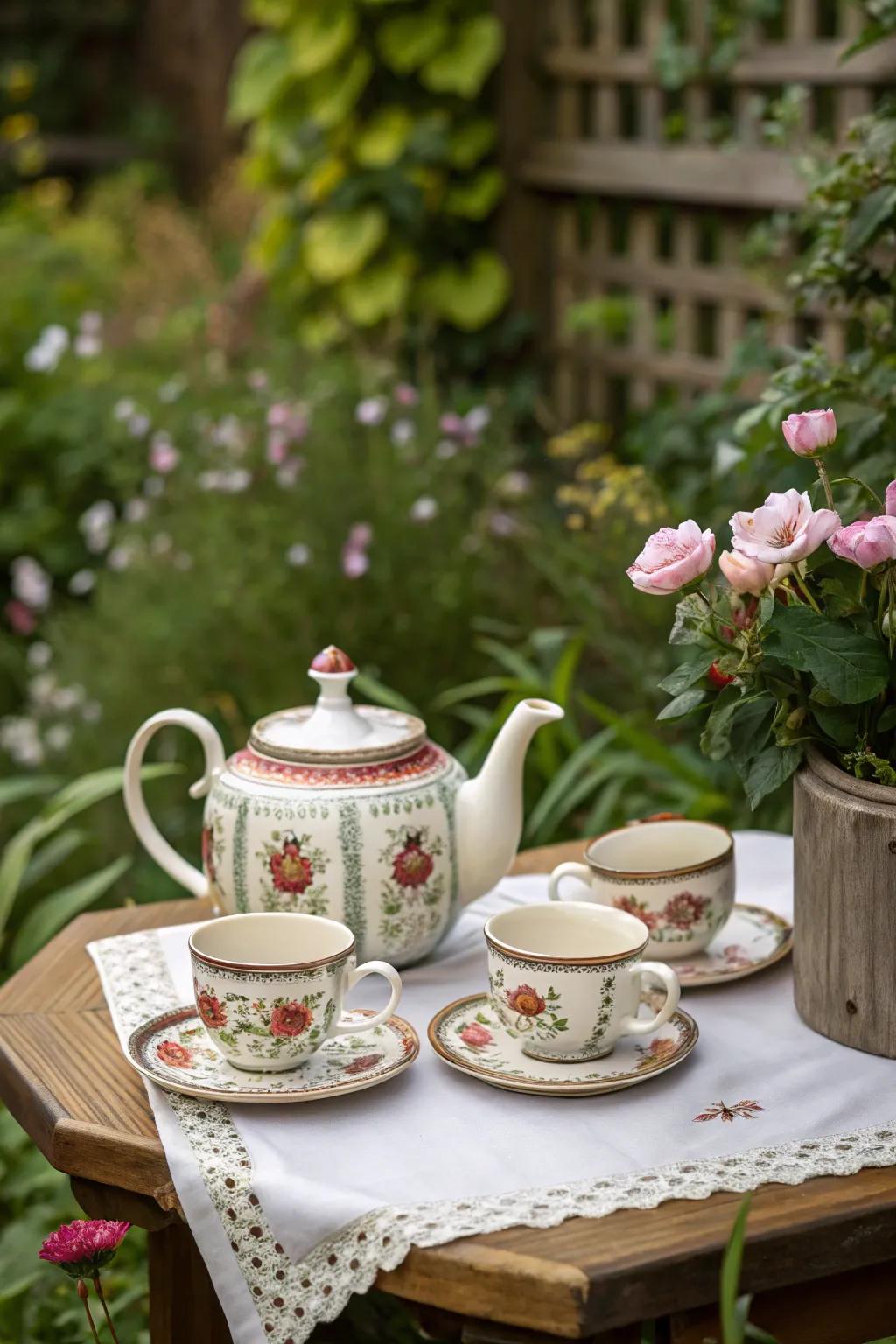 A charming tea collection is ready for an afternoon get-together.