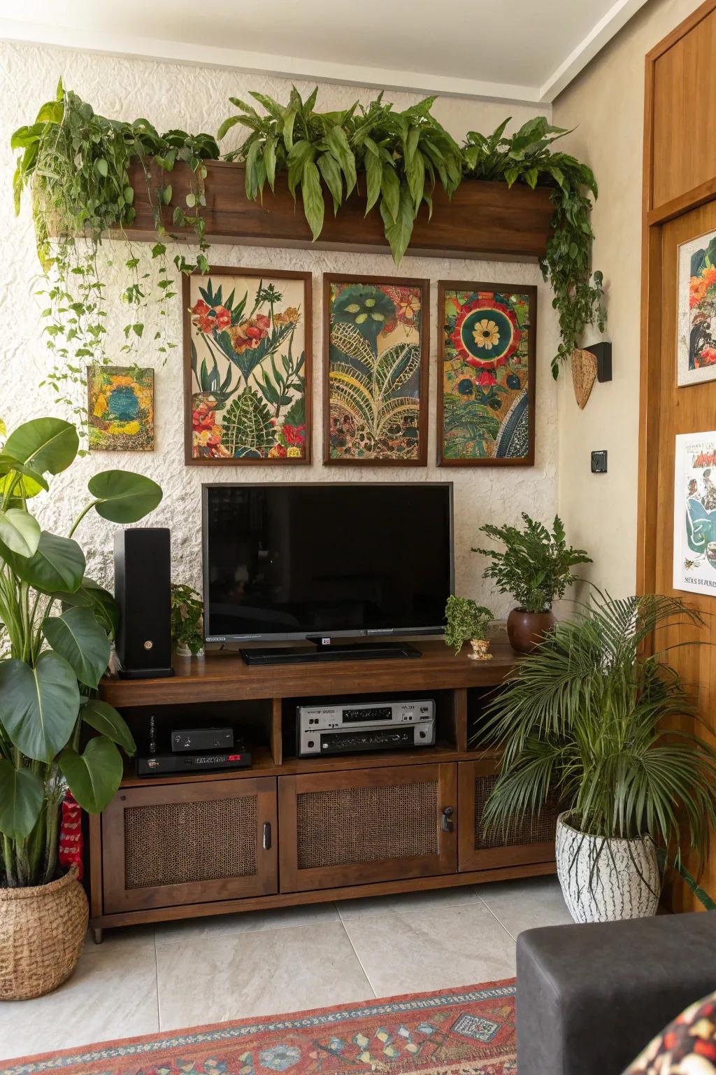 Ornamental touches like flora and art bring vibrancy to this media hub.