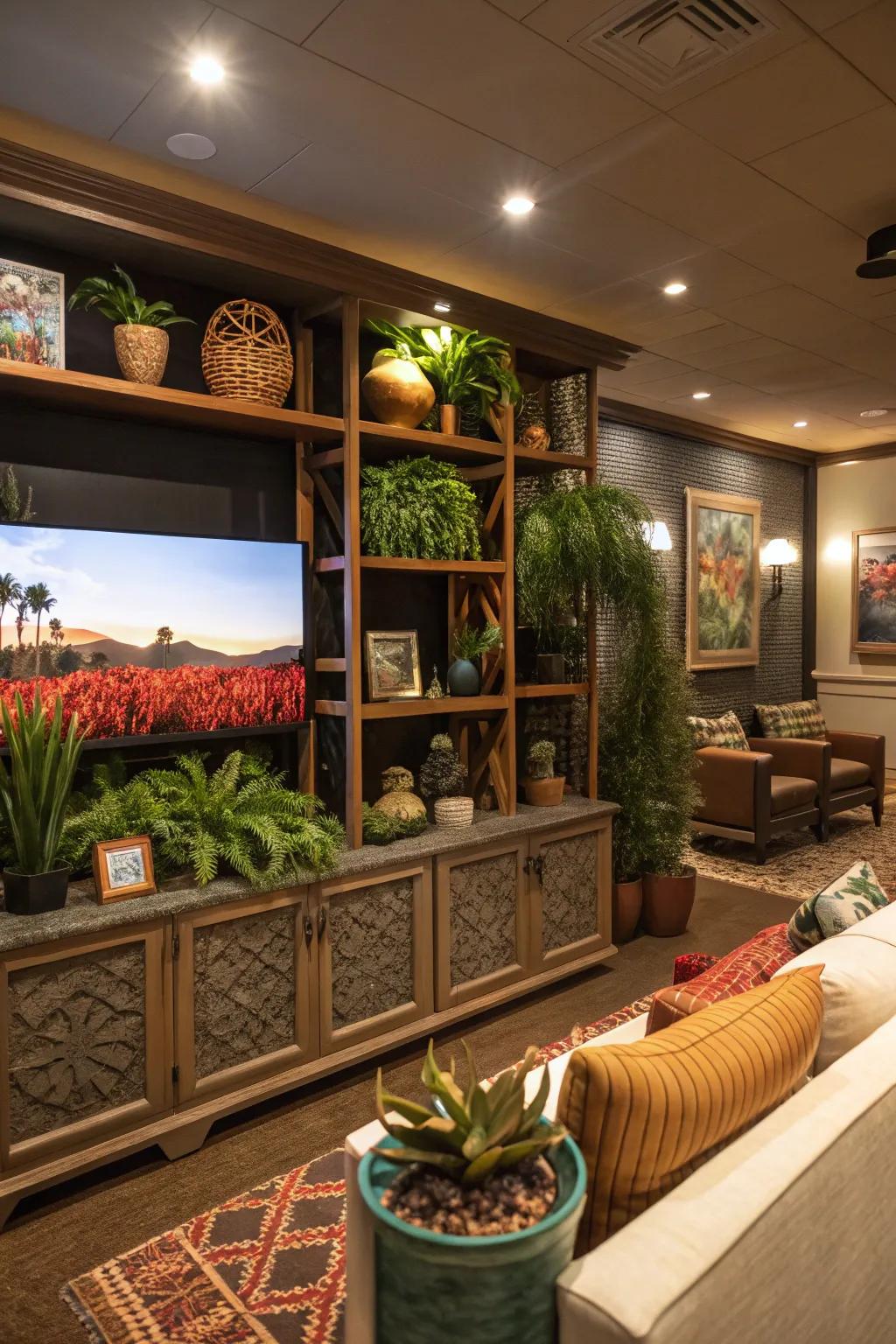An entertainment center enhanced with personal decorative items.