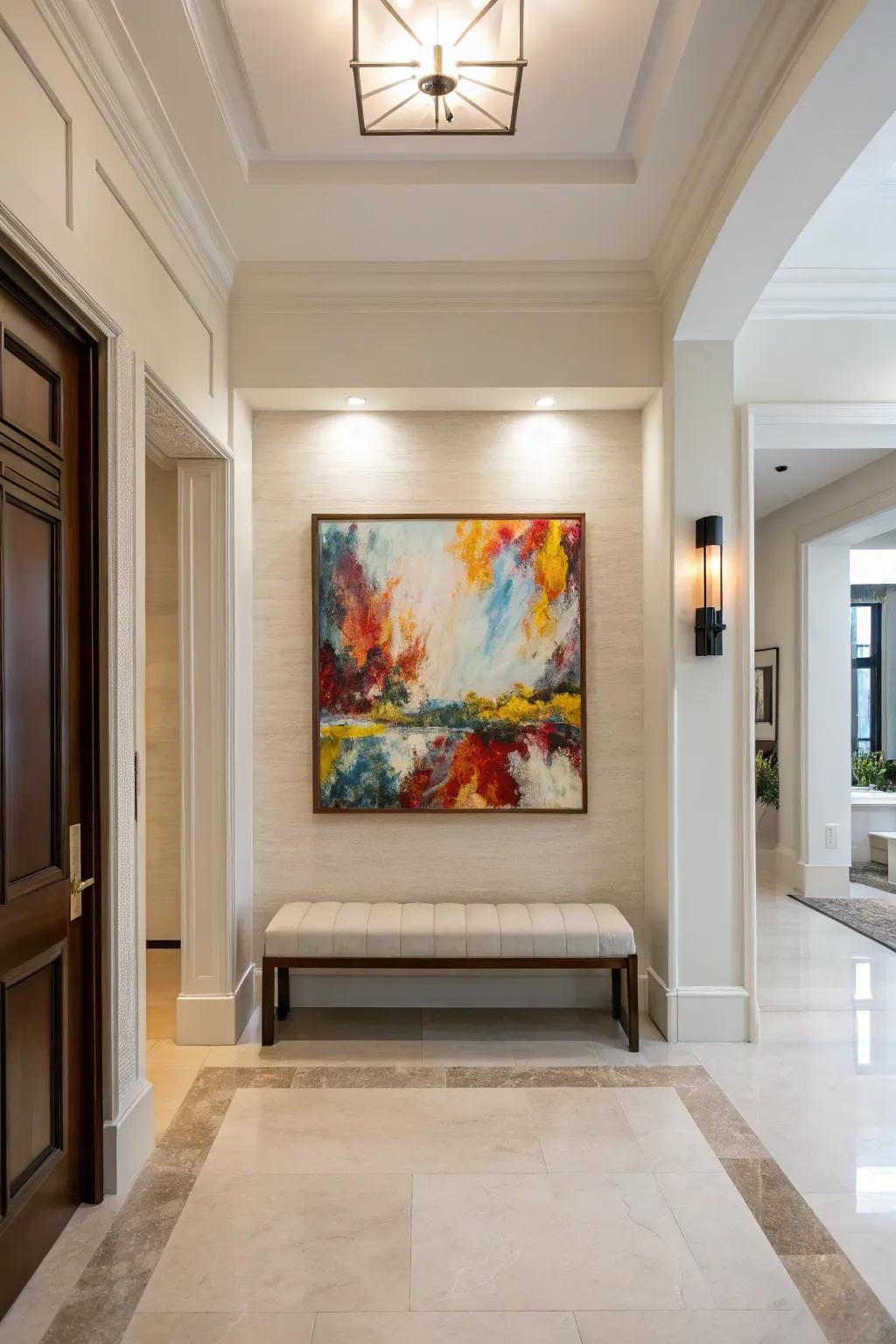 An impressive art piece brings character and color to the entryway.