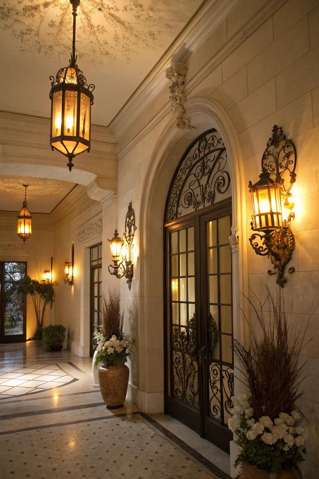 A foyer lit by ornamental wall sconces creating a sophisticated feel.