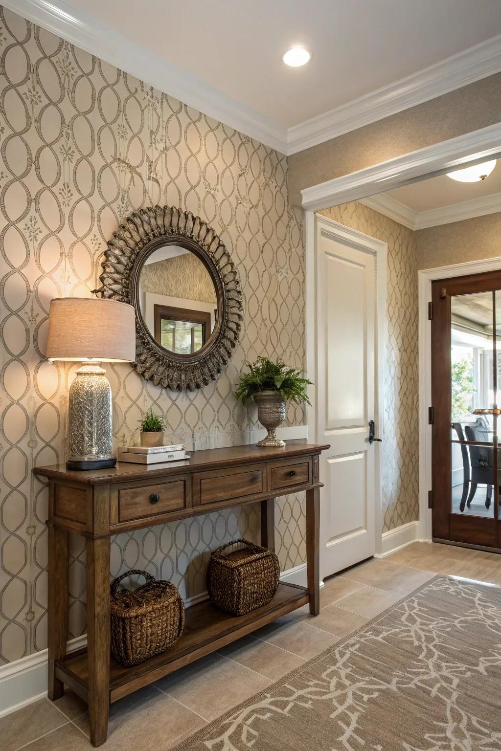 Elegant entryway featuring neutral textured wallpaper for a calming atmosphere.