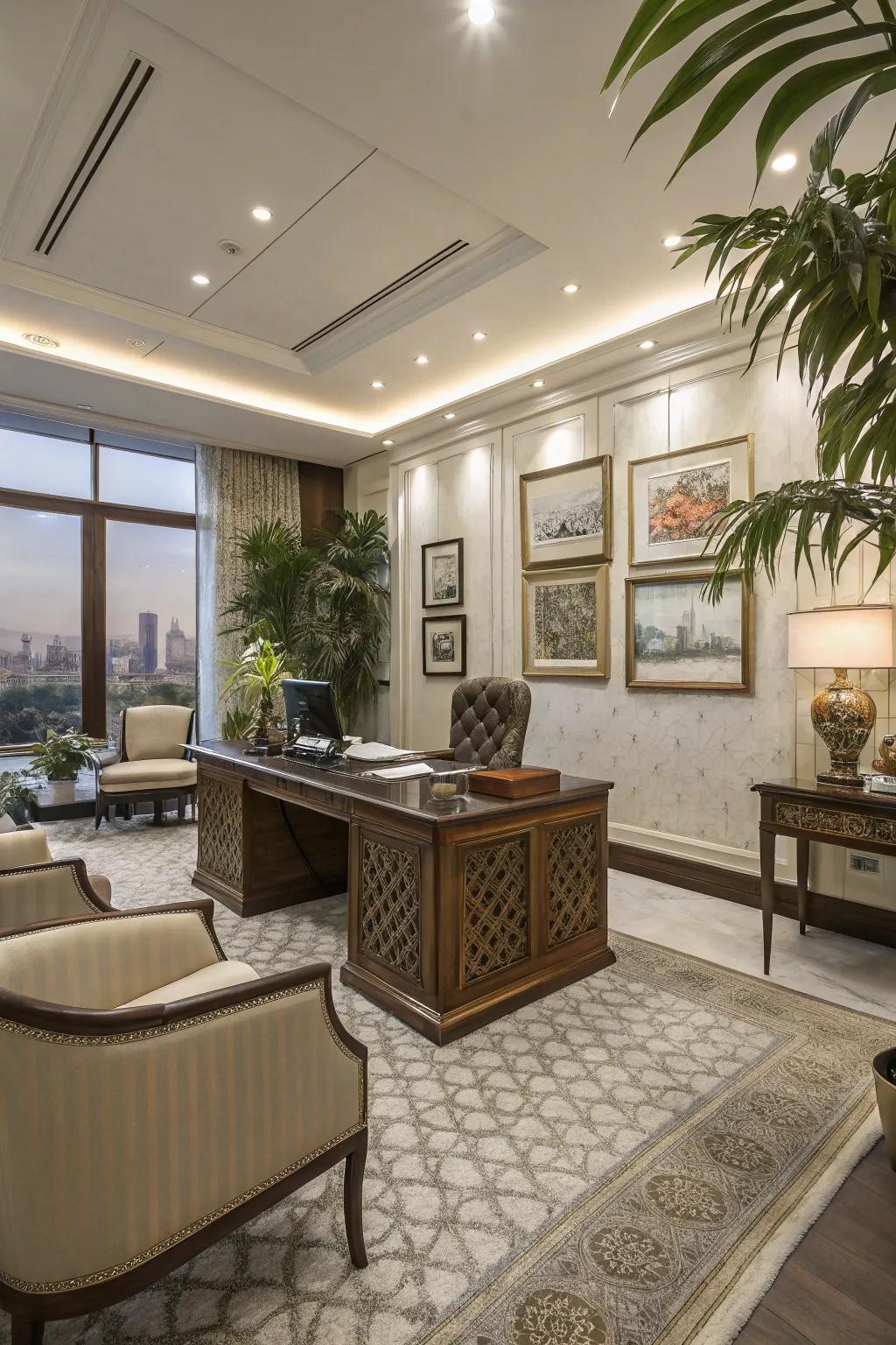 Elegant decor elements enhance the vibe of this office.