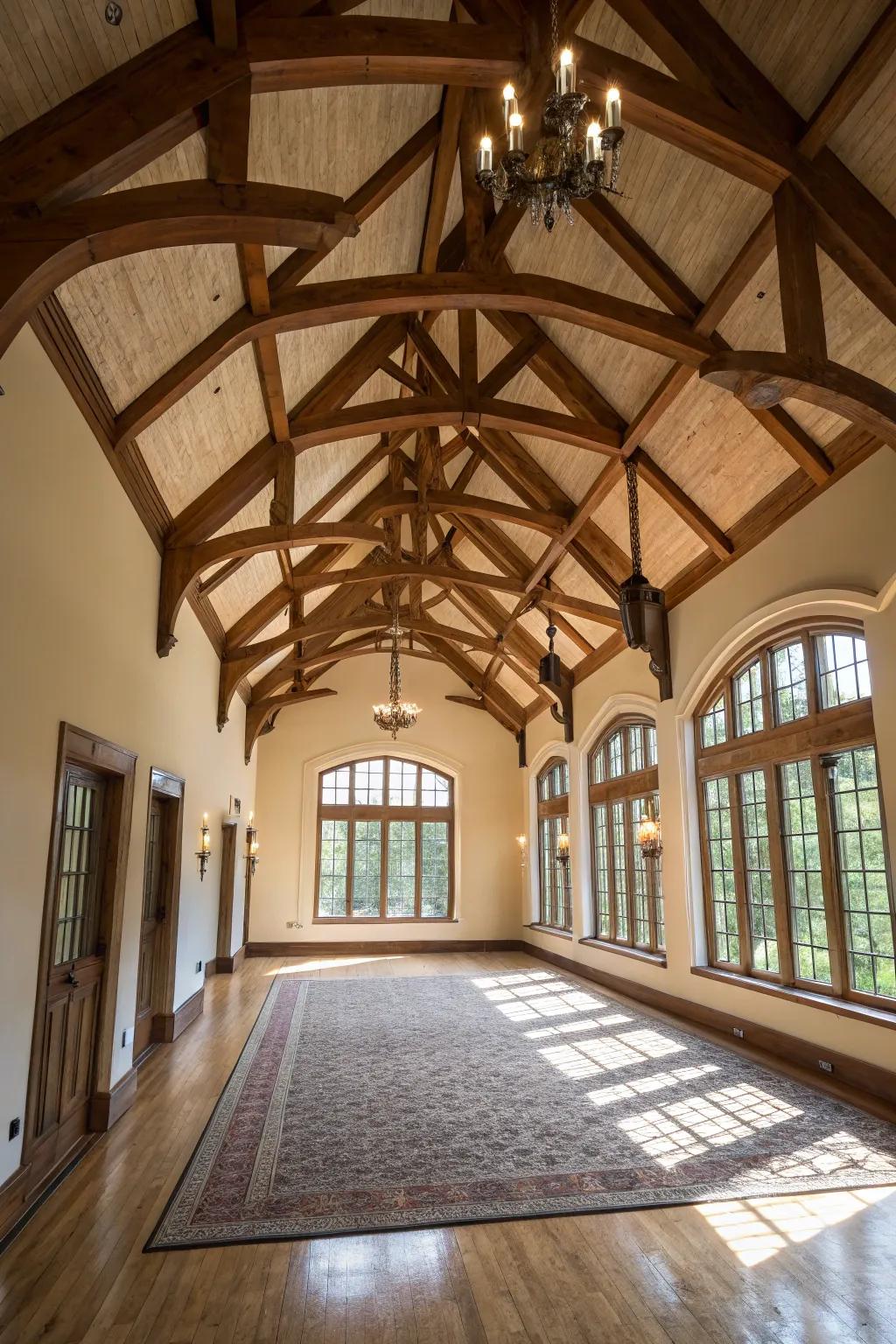 High ceilings paired with exposed beams.