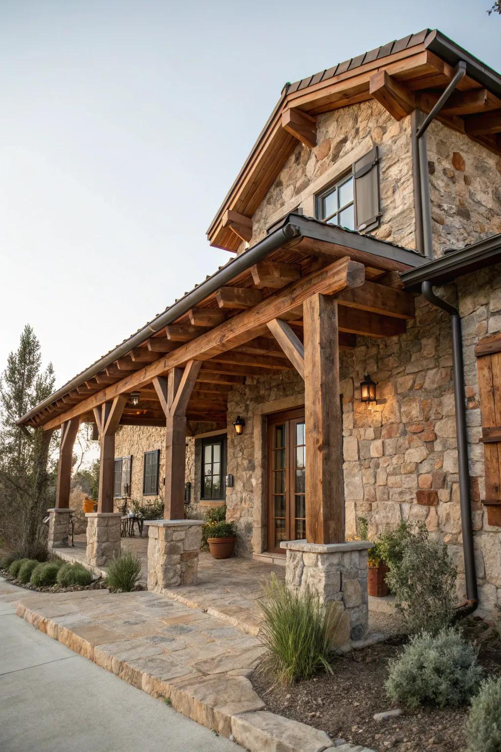 A rustic house showcasing natural timber and stone components.