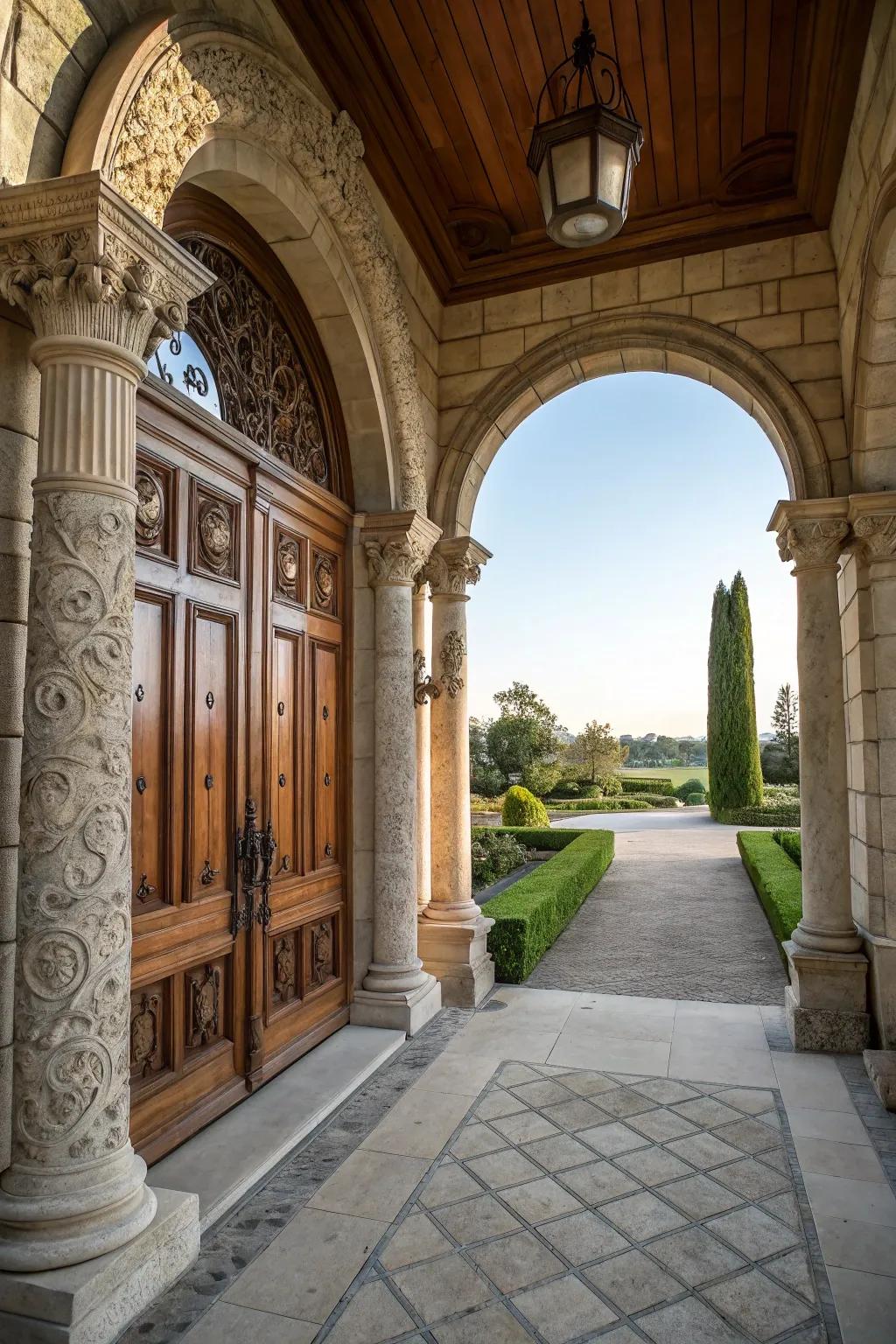 A stone-accented entryway creates a grand and welcoming entrance.