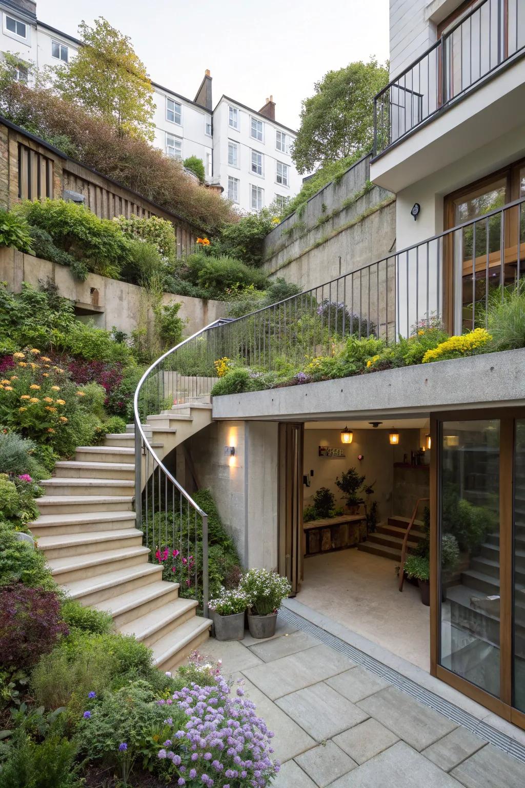 A multi-level terrace featuring stairs connecting the basement to the garden.