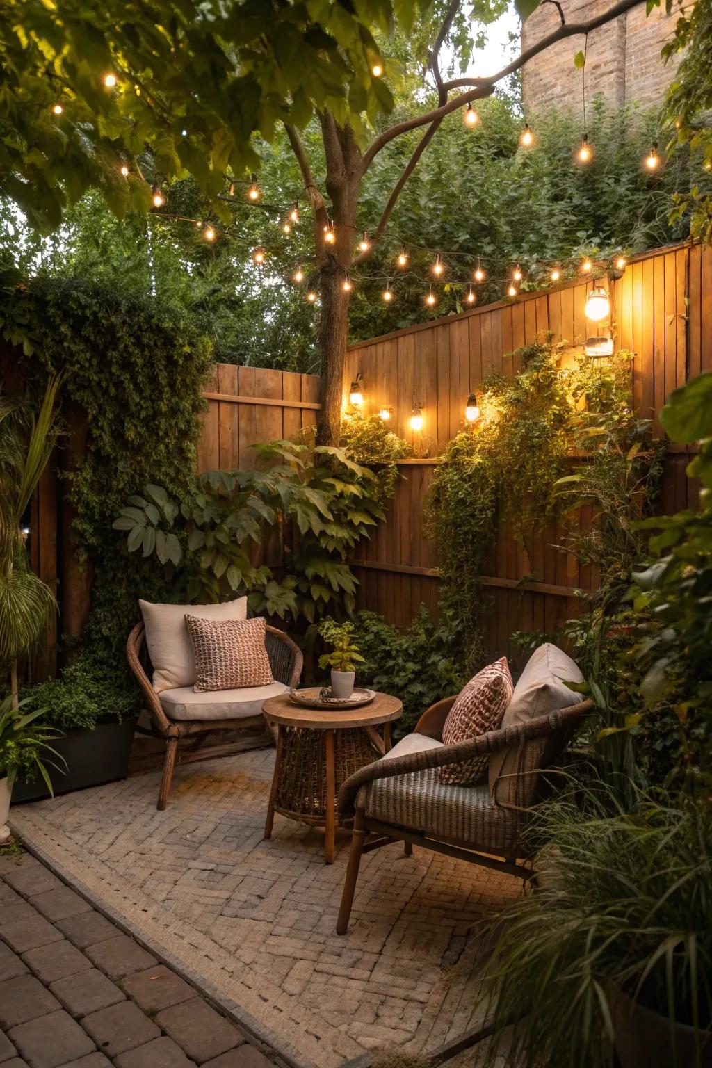 A comfortable nook with ornamental lights makes for an ideal relaxation area.