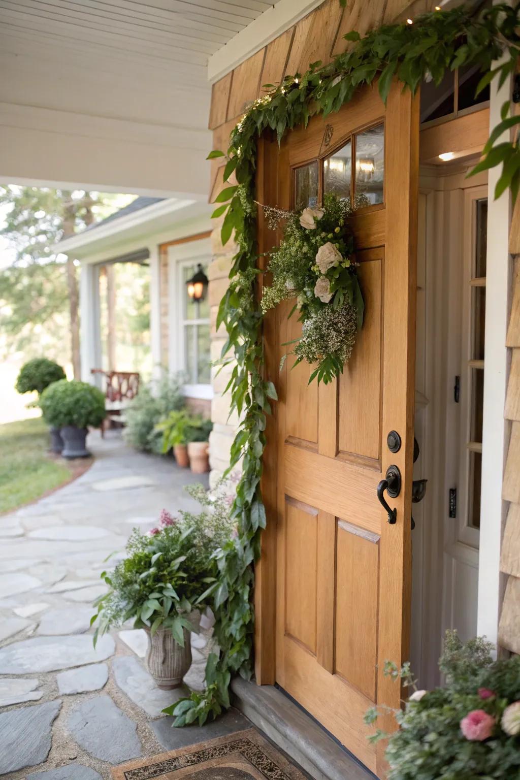 A vibrant garland of autumn leaves decorates the entrance.