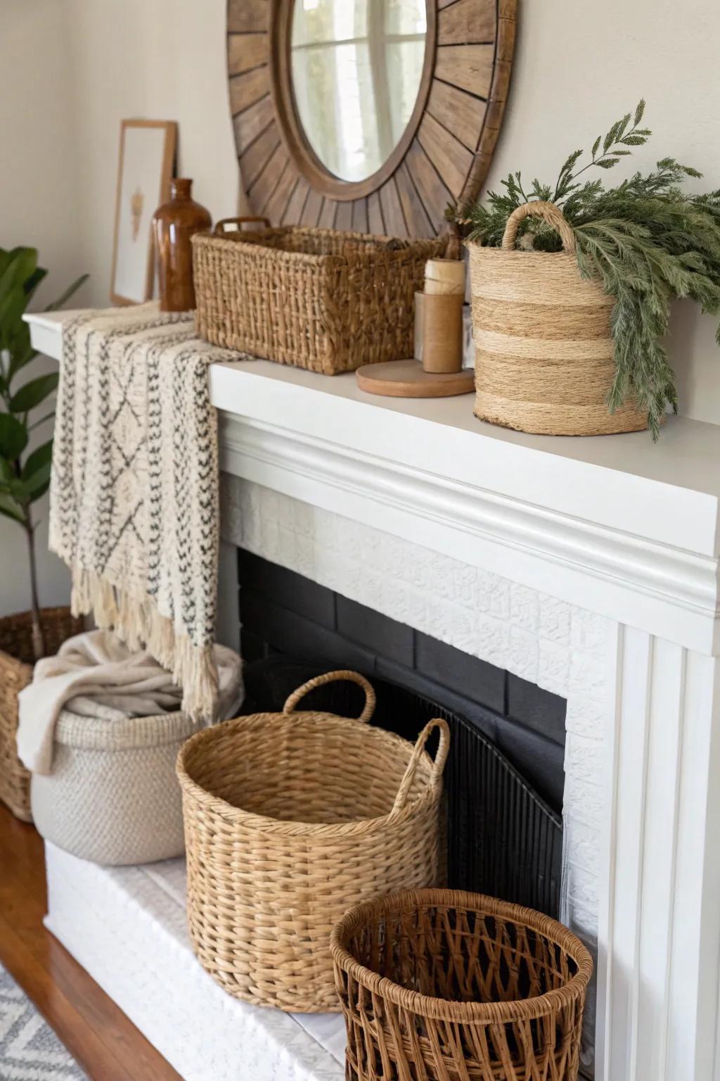 A mantel enhanced with willow containers and woven fibers.