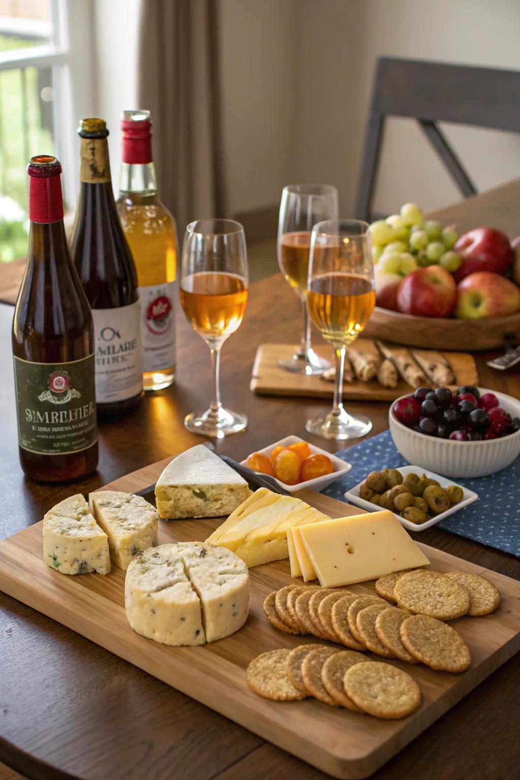 A tempting fruit drink tasting arrangement alongside cheeses and appetizers.