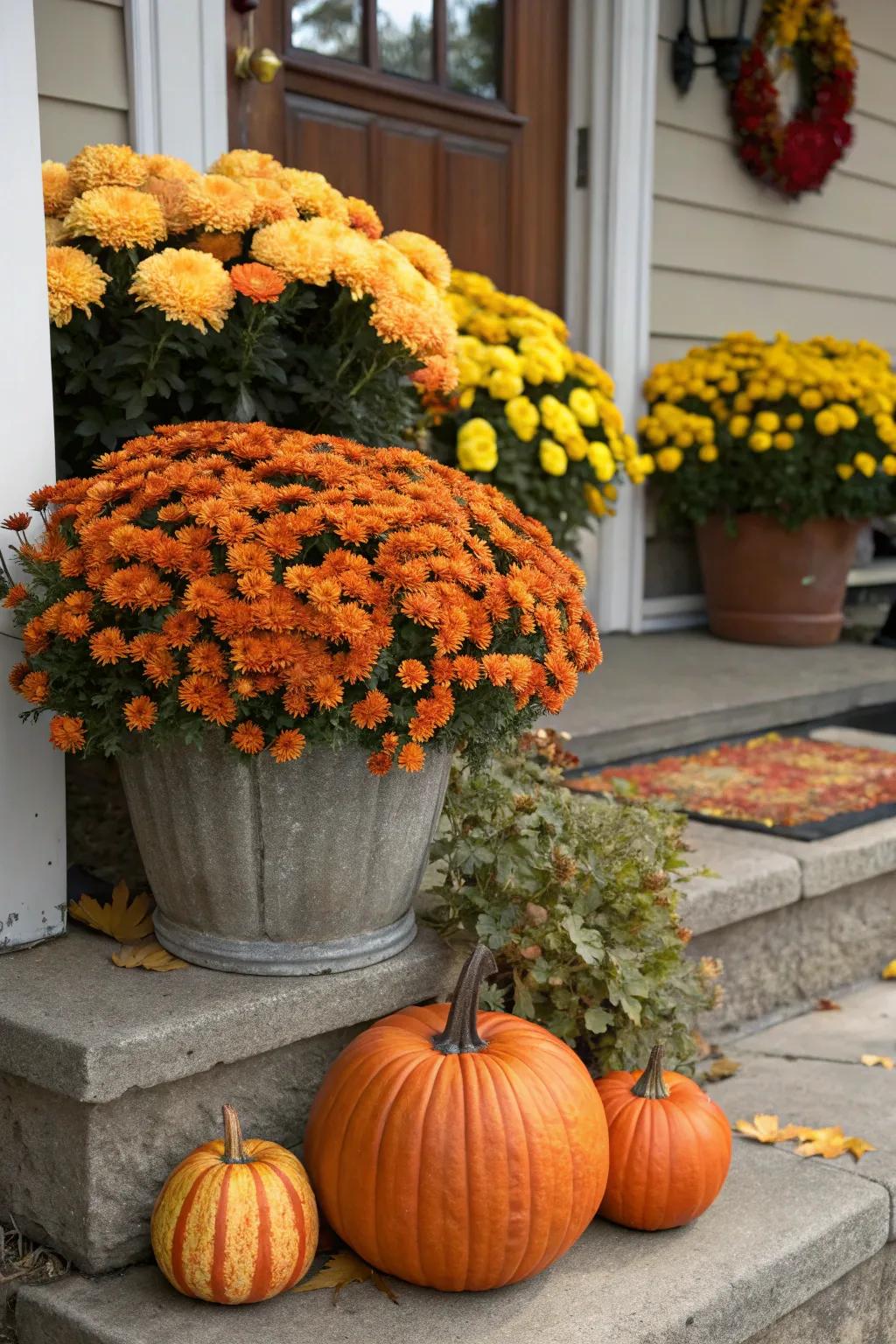 Mums and gourds compose a colorful seasonal duet.