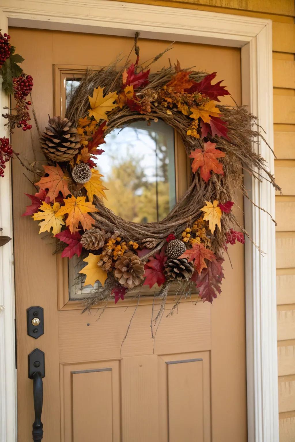 A welcoming wreath made from natural autumn elements.