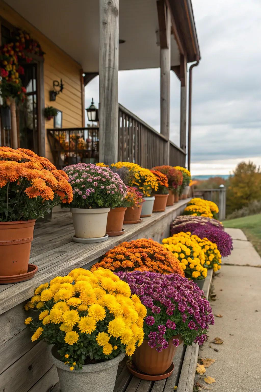 Vibrant blossoms in autumn shades introduce lively color to your porch.