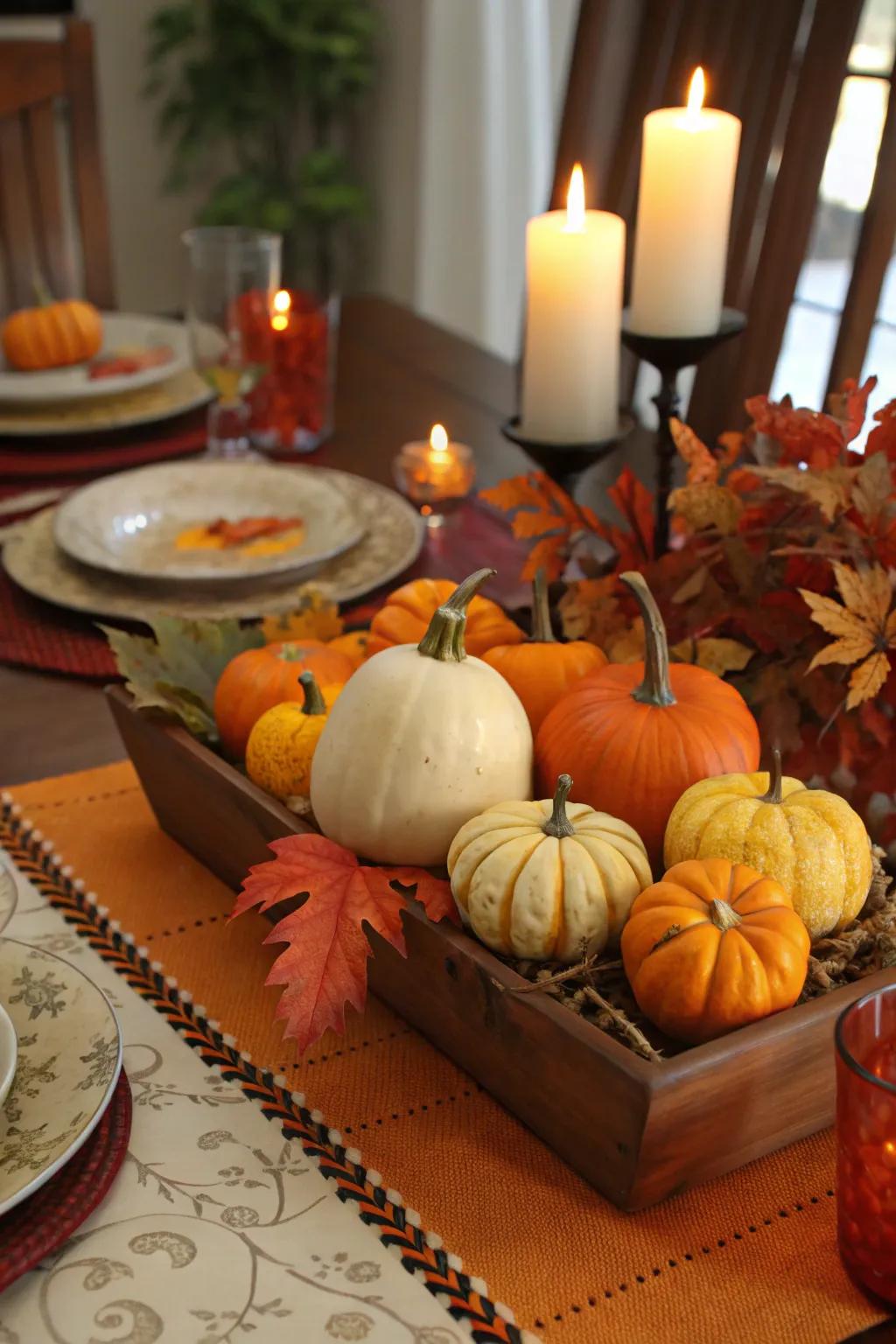 Squashes and gourds enhance the texture and interest of your fall centerpiece.