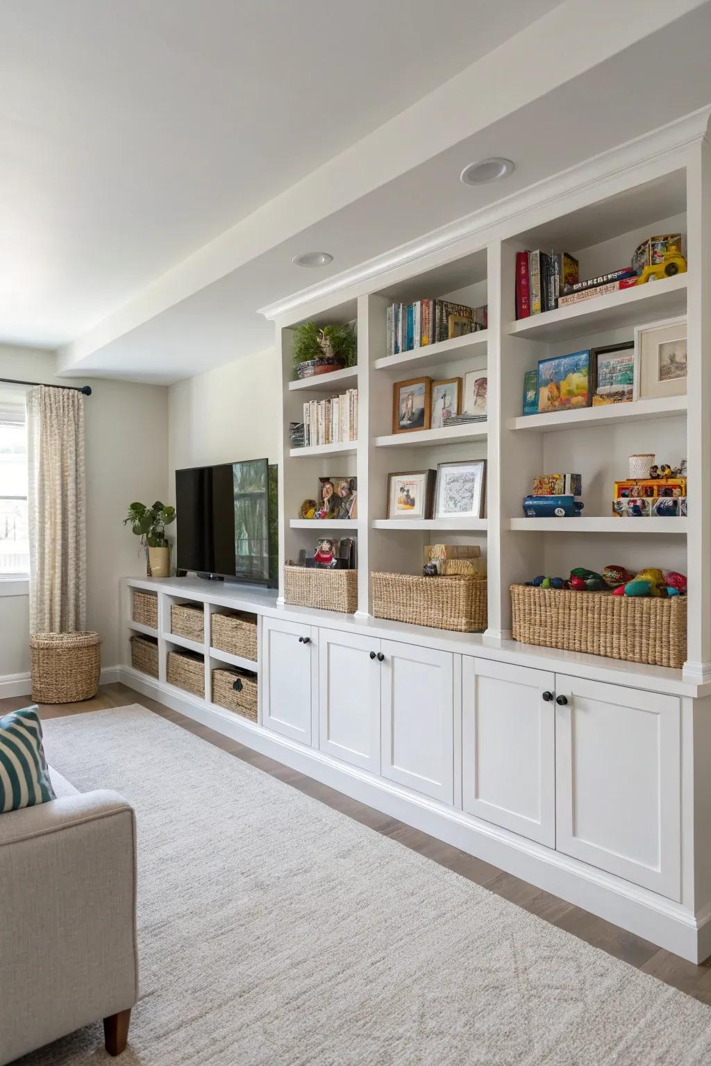 Integrated storage keeps the family room tidy and serene.
