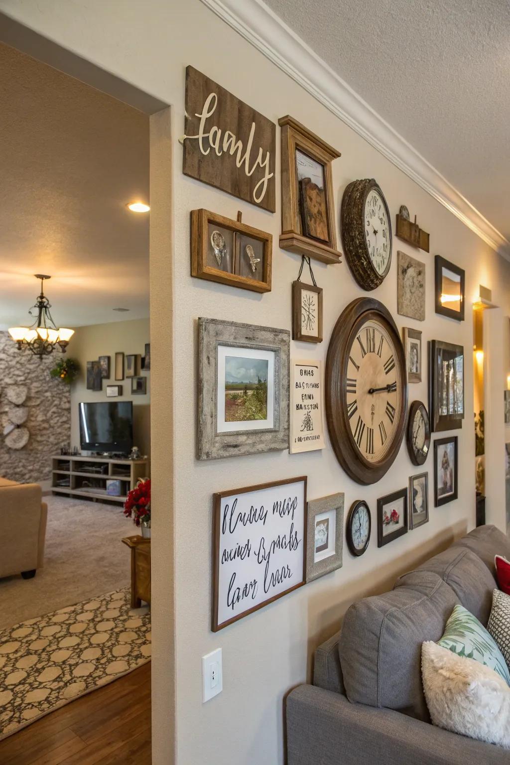 A charming combination of frames and decorative components, creating a captivating family wall.