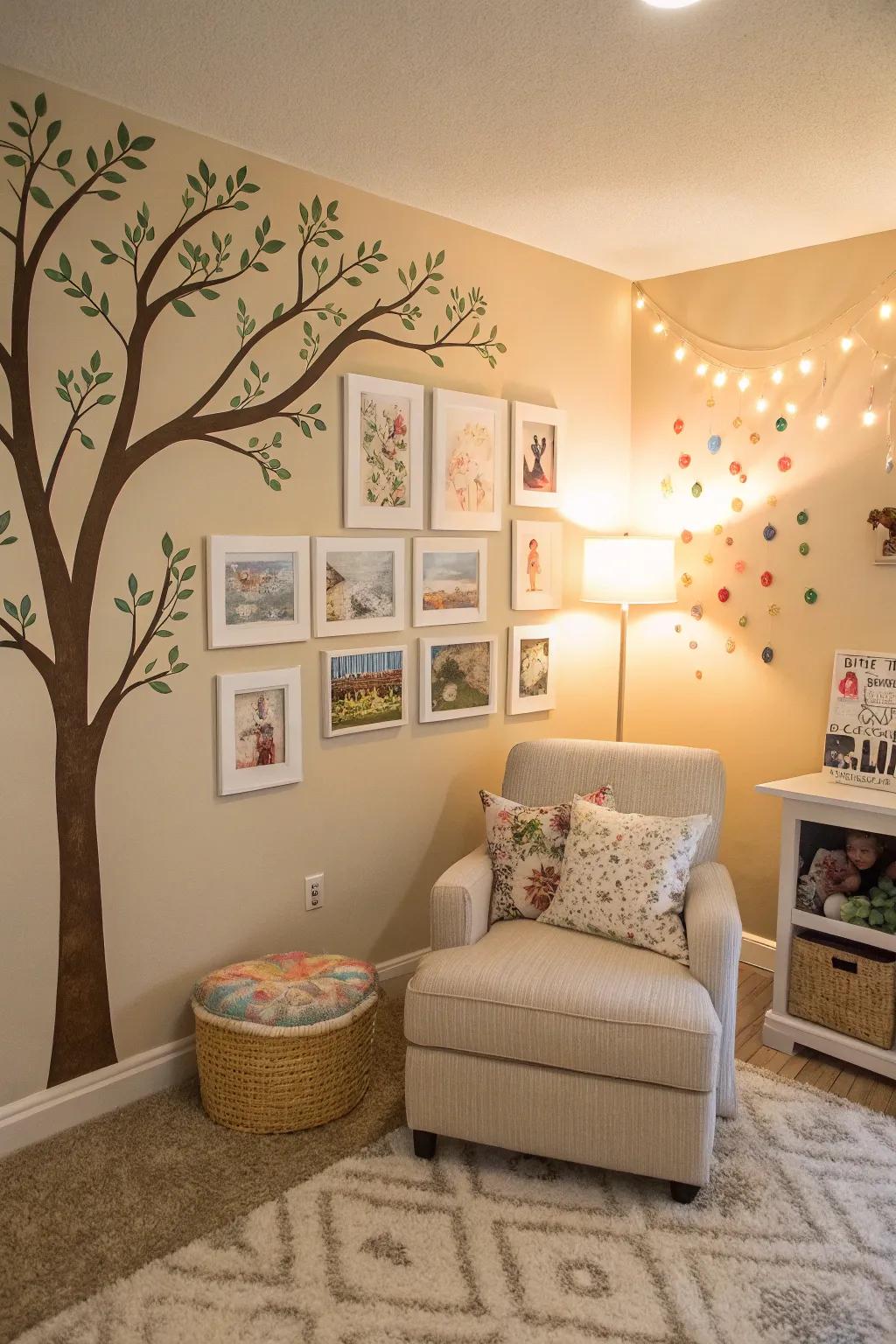 Whimsical wall stickers enriching family photos.
