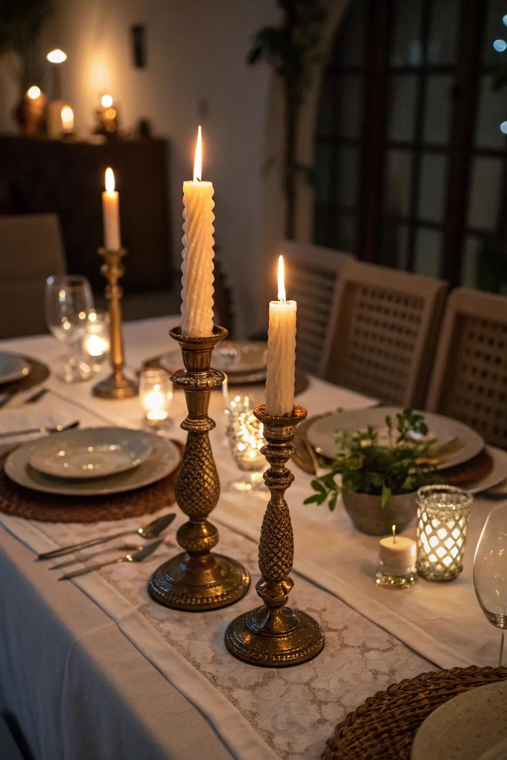 Decorative illumination pieces create a warm and intimate dining atmosphere.