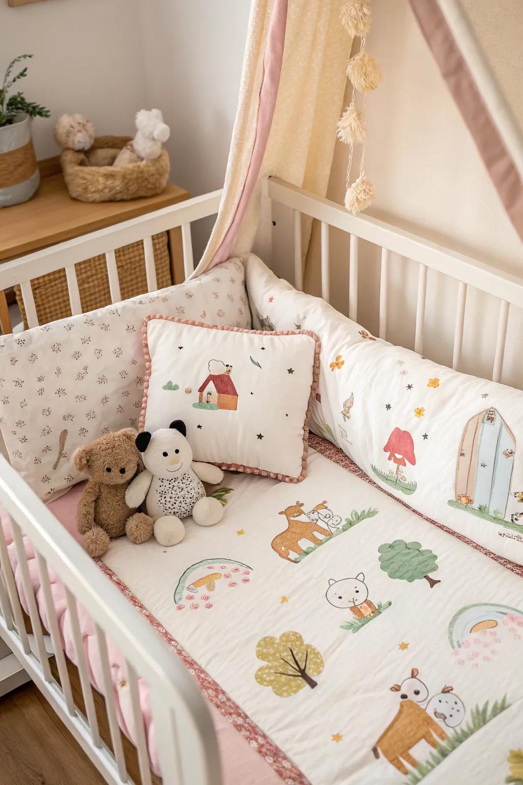 Farm animal bedding adds a comforting touch to your nursery.
