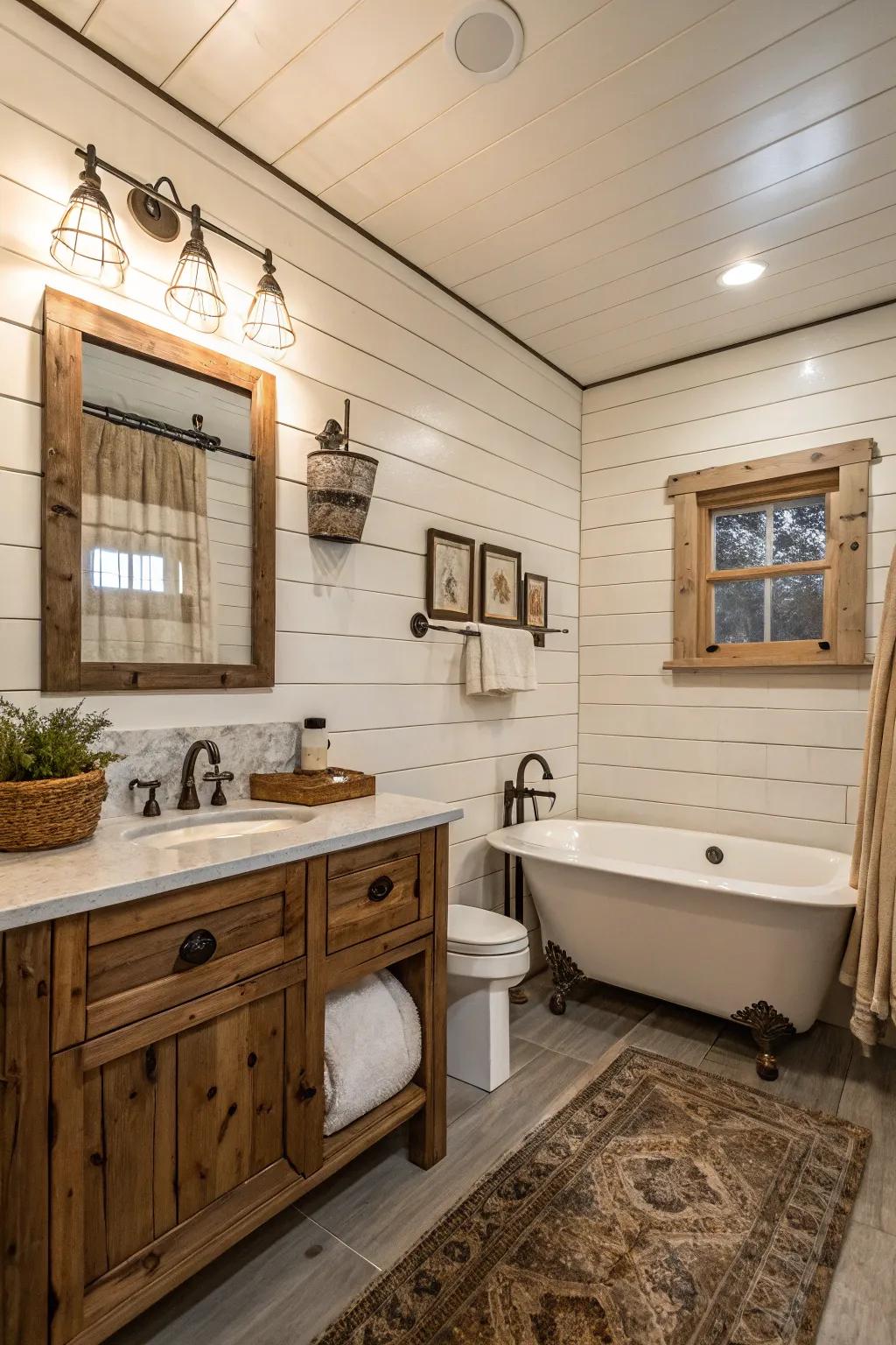 A country bathroom's rustic appeal is enhanced by shiplap walls.