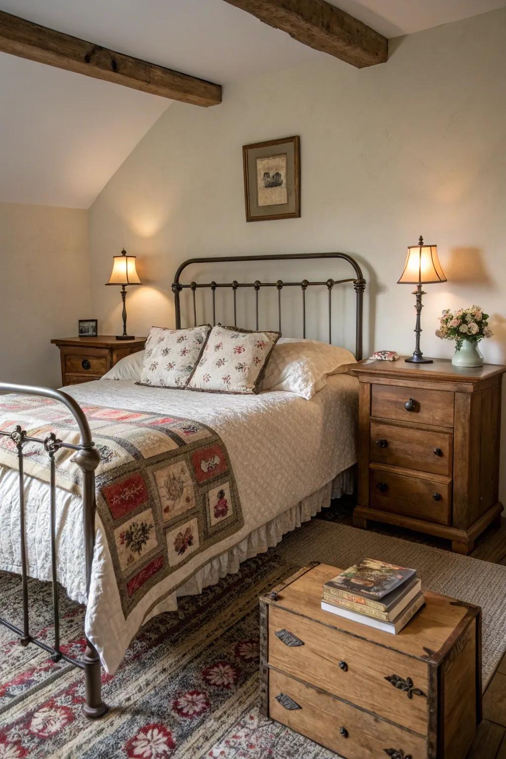 Antique furniture pieces infuse historical allure into the bedroom.