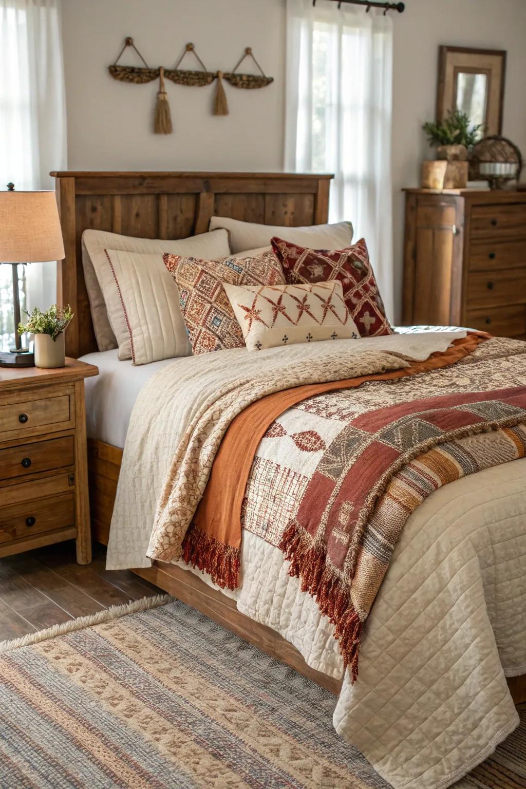 Textured bedding crafts a welcoming and comfortable haven.