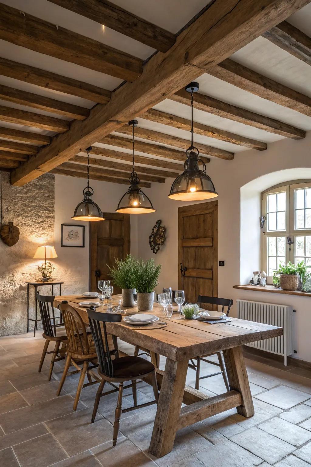 Factory-style lighting adds vintage flair to this farmhouse dining area.