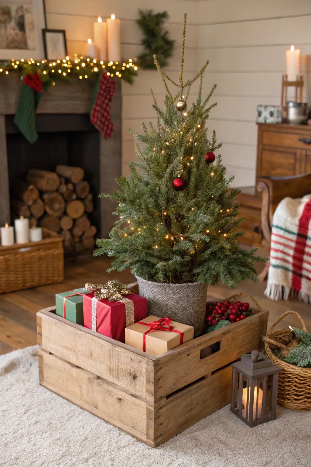 A timber container introduces a simple base to this appealing Christmas tree.