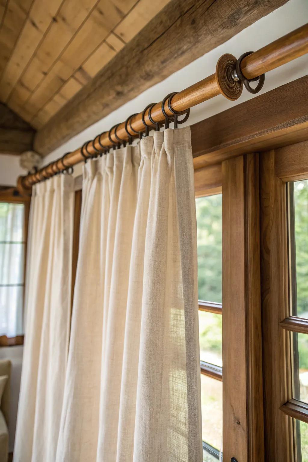Wood curtain rods combined with linen window coverings in a comfortable farmhouse setting.
