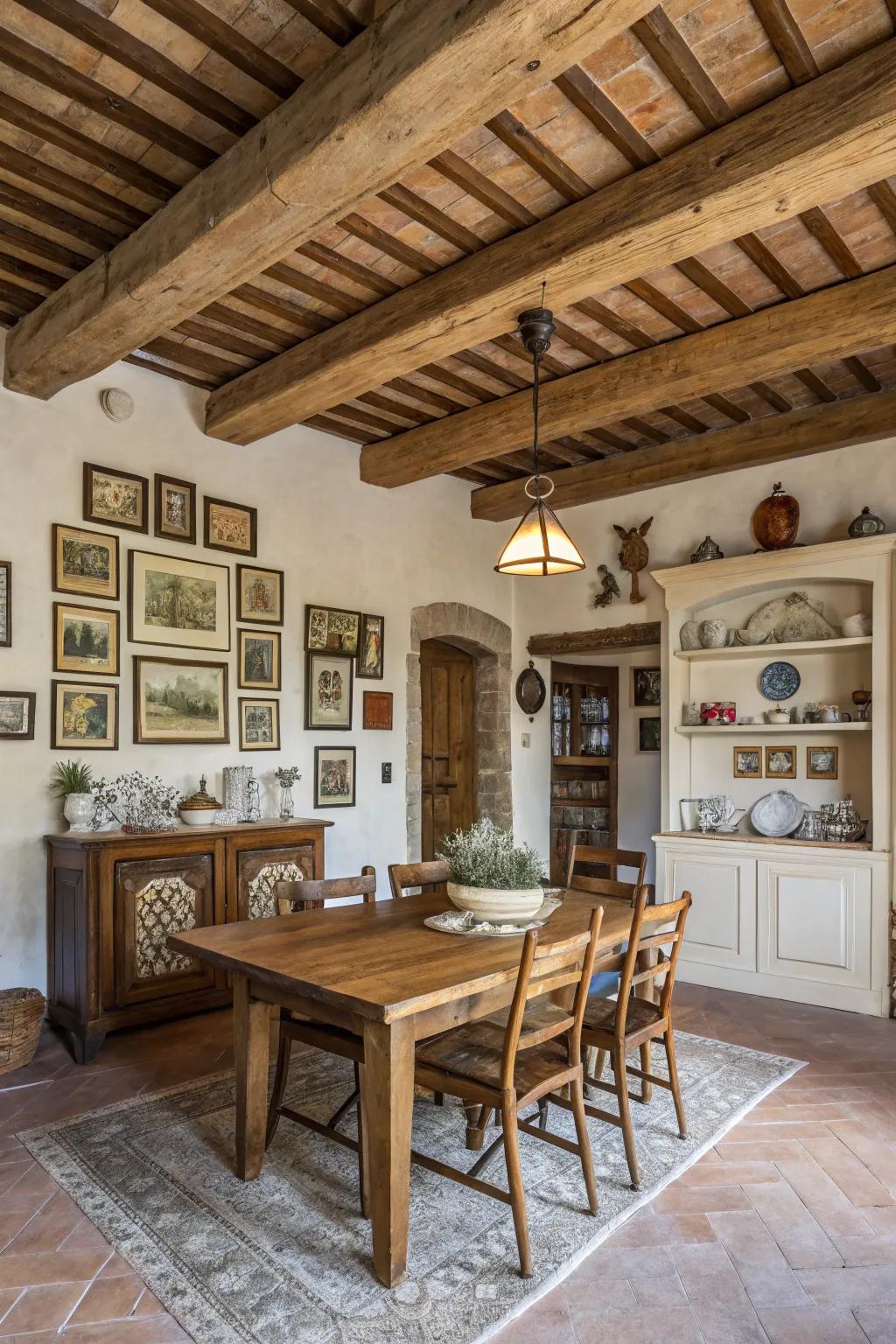 Visible beams add architectural interest and rustic charm to this dining room.
