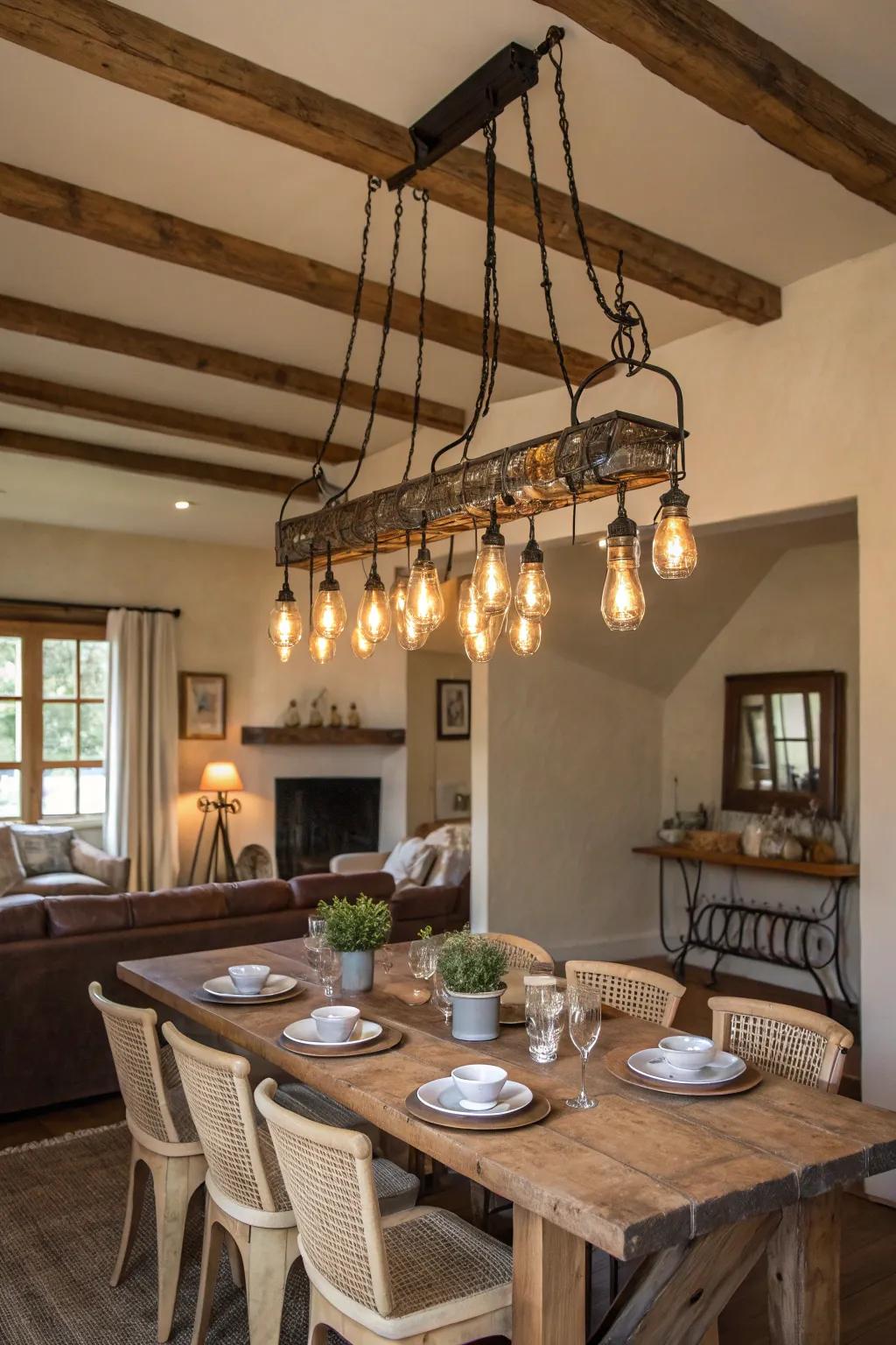 Special bulbs cast a sentimental glow over the dining area.