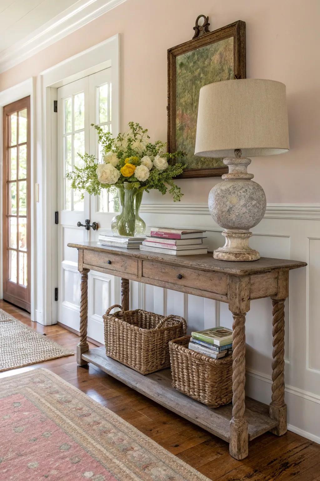 An entryway featuring a classic side table that radiates charm.