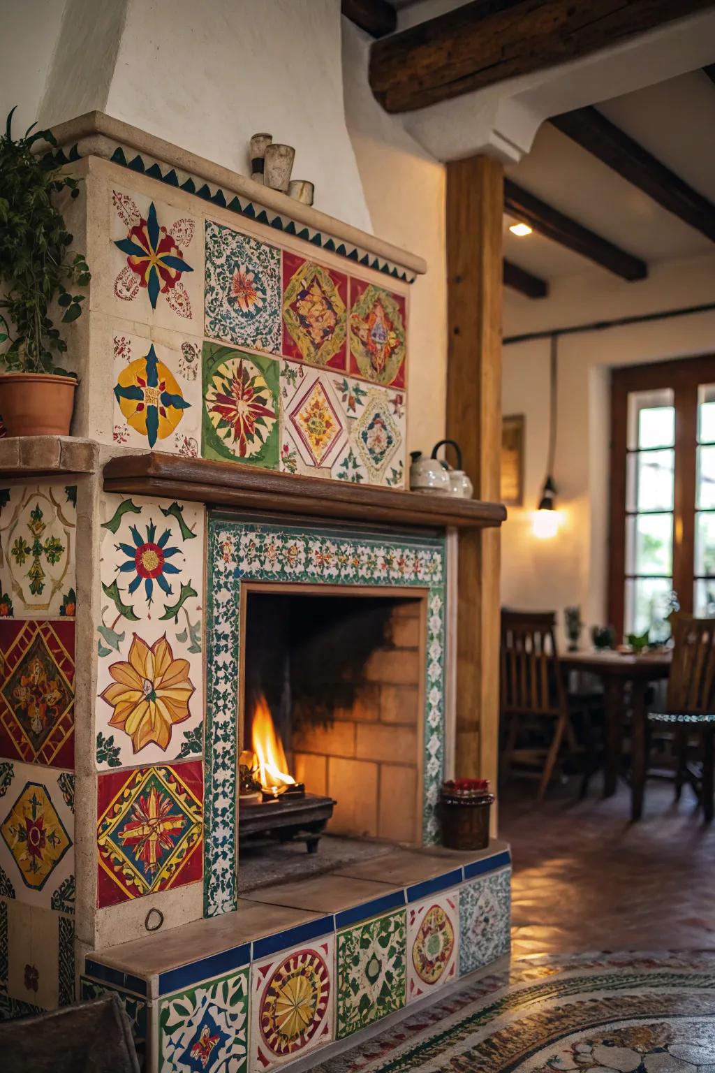 Ornamental tiles contributing pizzazz to a farmhouse fireplace.