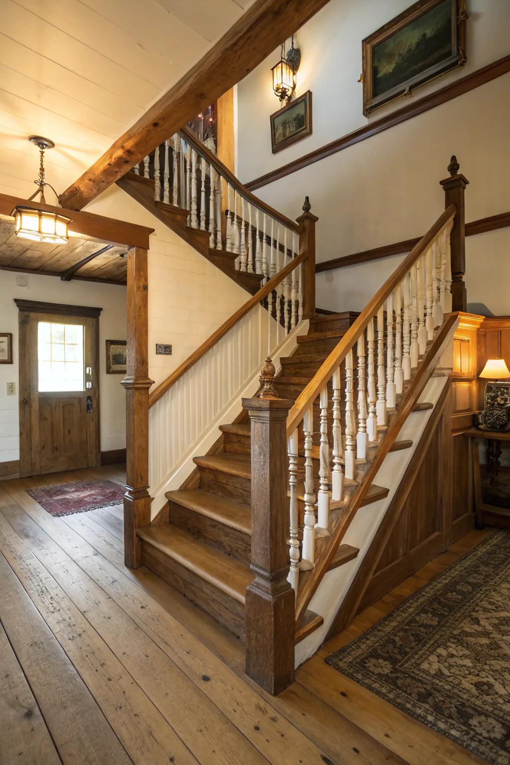 Ornamental uprights bring elegance to a farmhouse staircase.