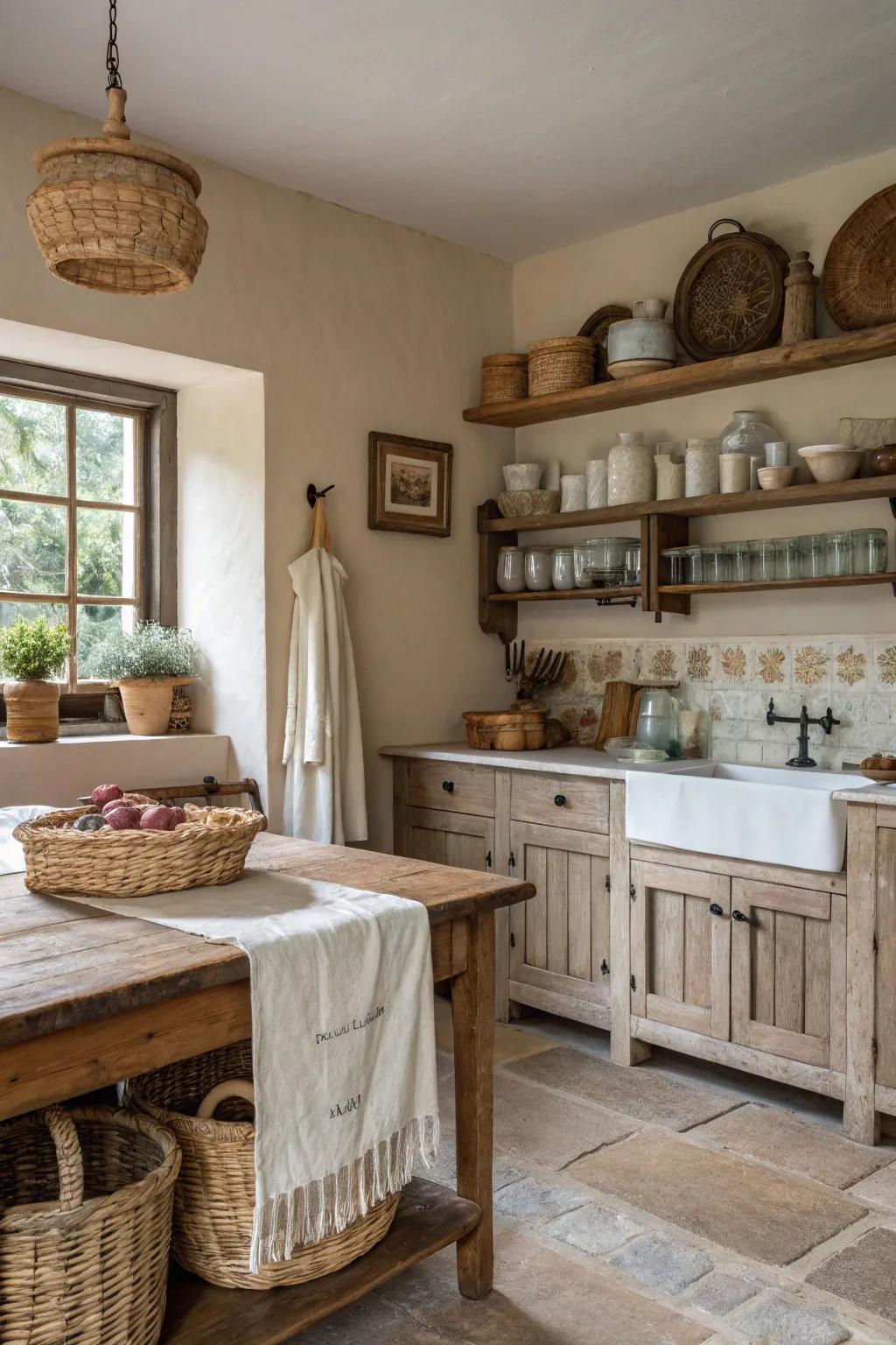 Soft fabrics enhancing the warmth of a farmhouse cooking area.