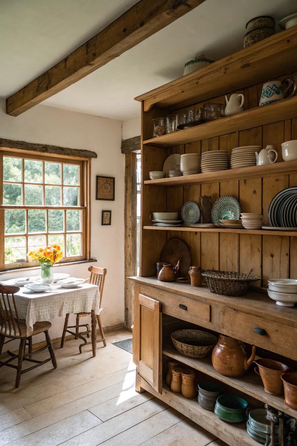 A farmhouse kitchen featuring open wood shelves displaying dishes.