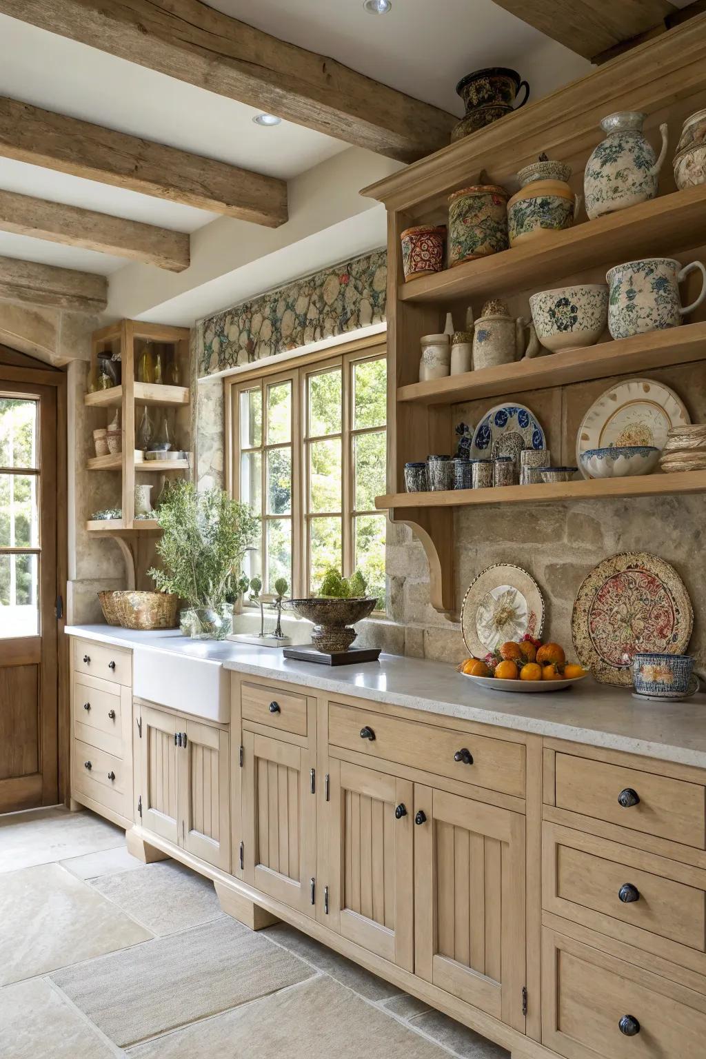 Wall-mounted shelving paired with pale timber cabinetry creates an airy sensation.
