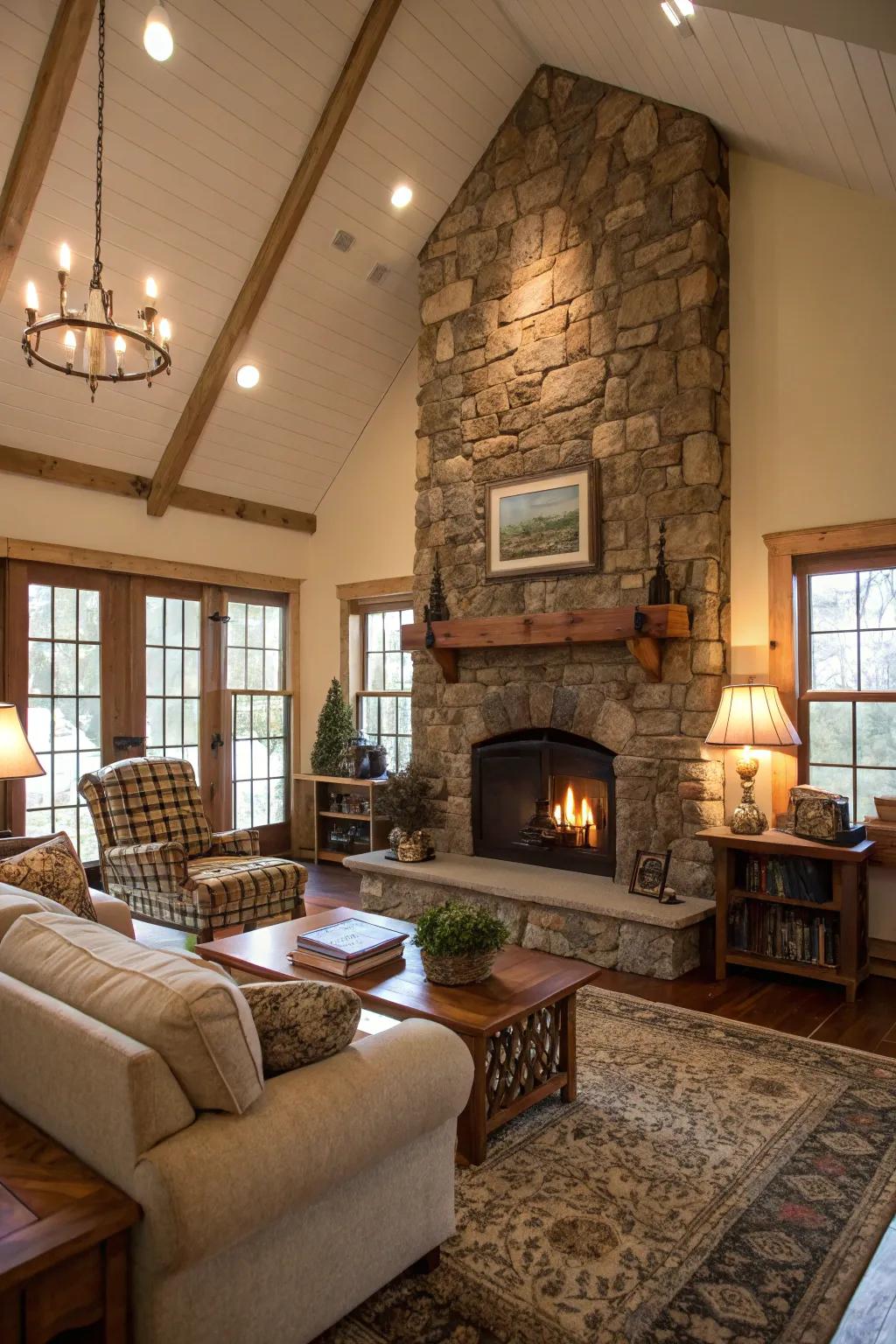 A stone fireplace provides a snug focal point within this farmhouse living space.