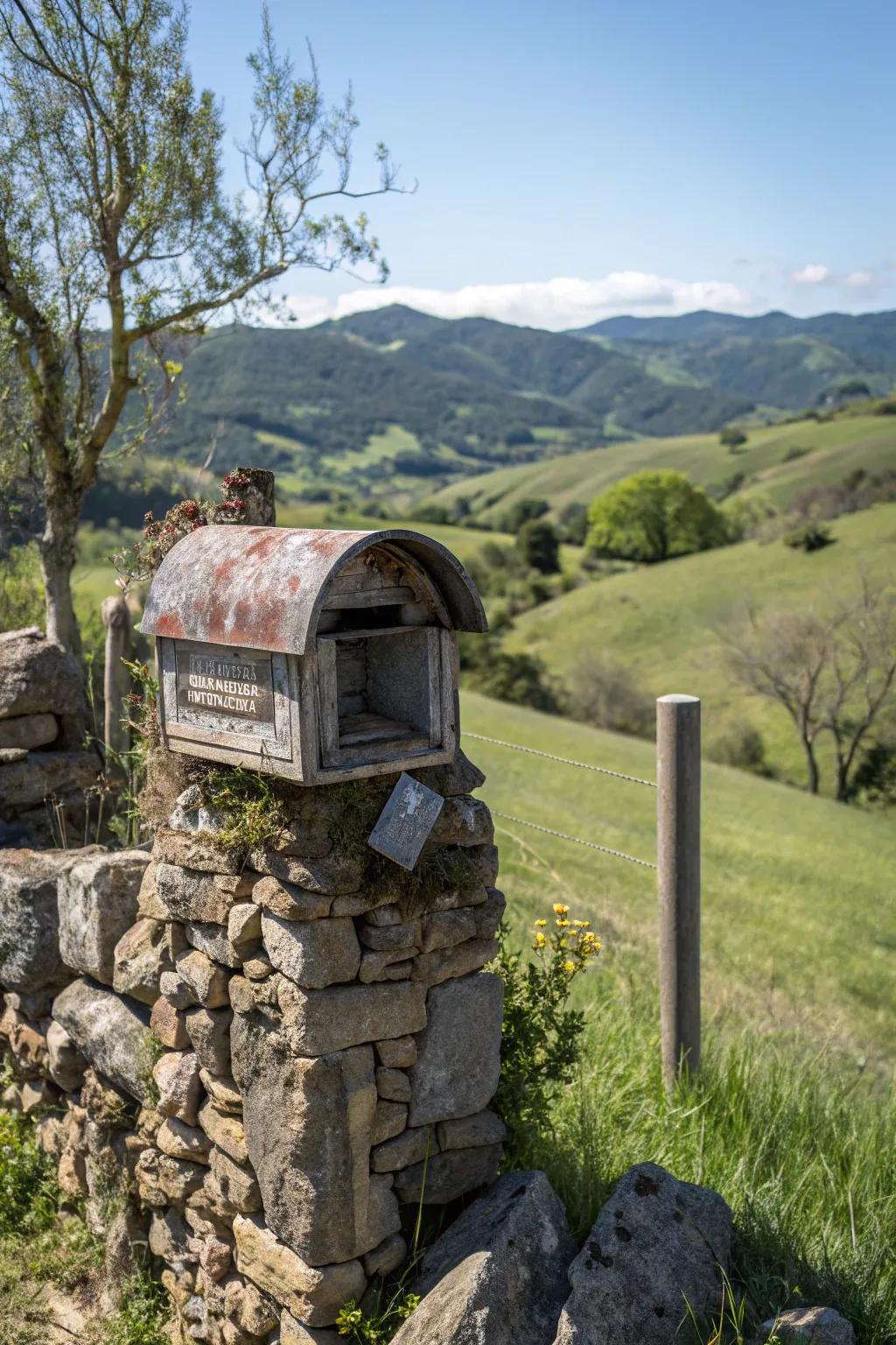A farmhouse mailbox stylishly contained within a rock facade.