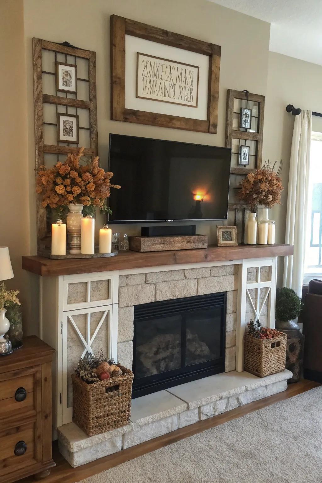 A flawlessly balanced farmhouse mantel with TV, spotlighting a symmetrical décor arrangement.