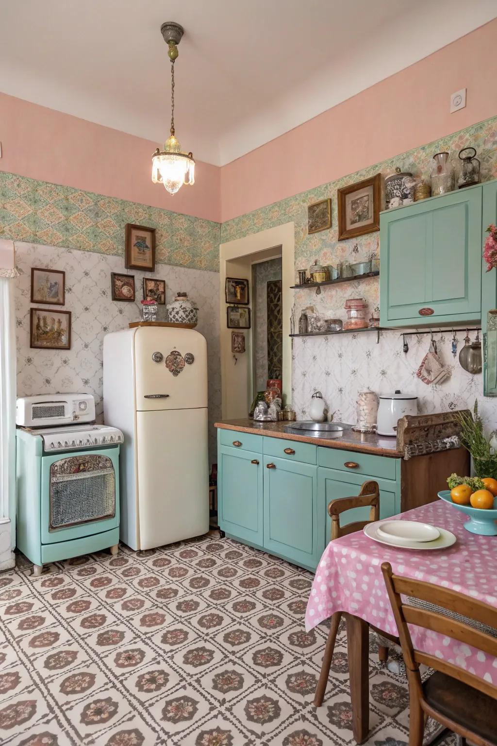 Subdued pastels brighten this farmhouse kitchen beautifully.