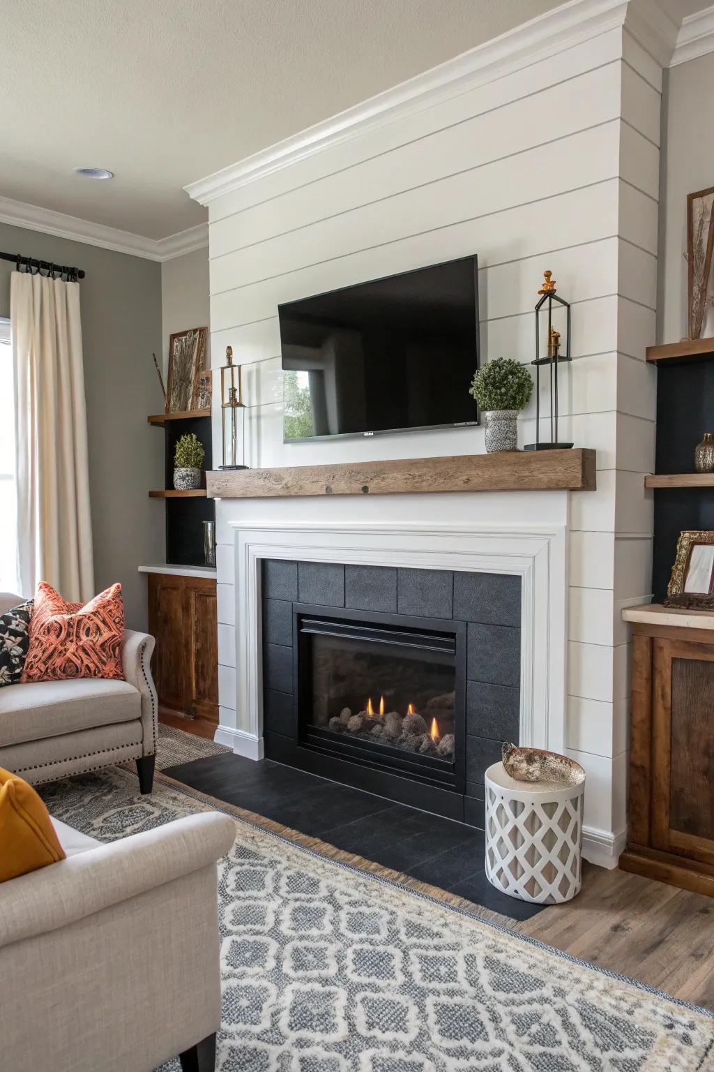 Dual-tone plank paneling introduces profundity and contrast to your fireplace.